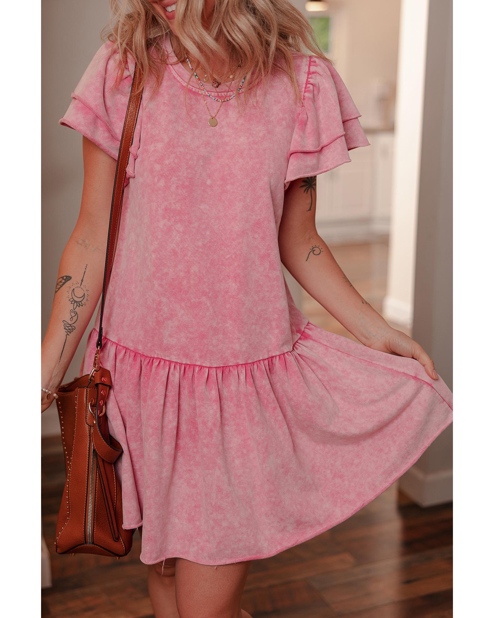 Sachet Pink Mineral Wash Raw Edge Ruffle Mini Dress - XL