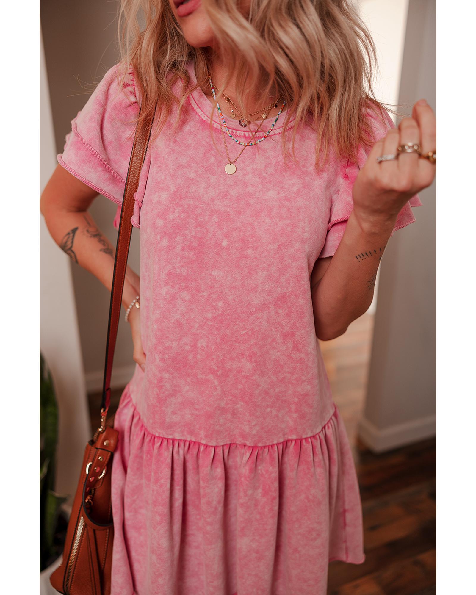Sachet Pink Mineral Wash Raw Edge Ruffle Mini Dress - XL