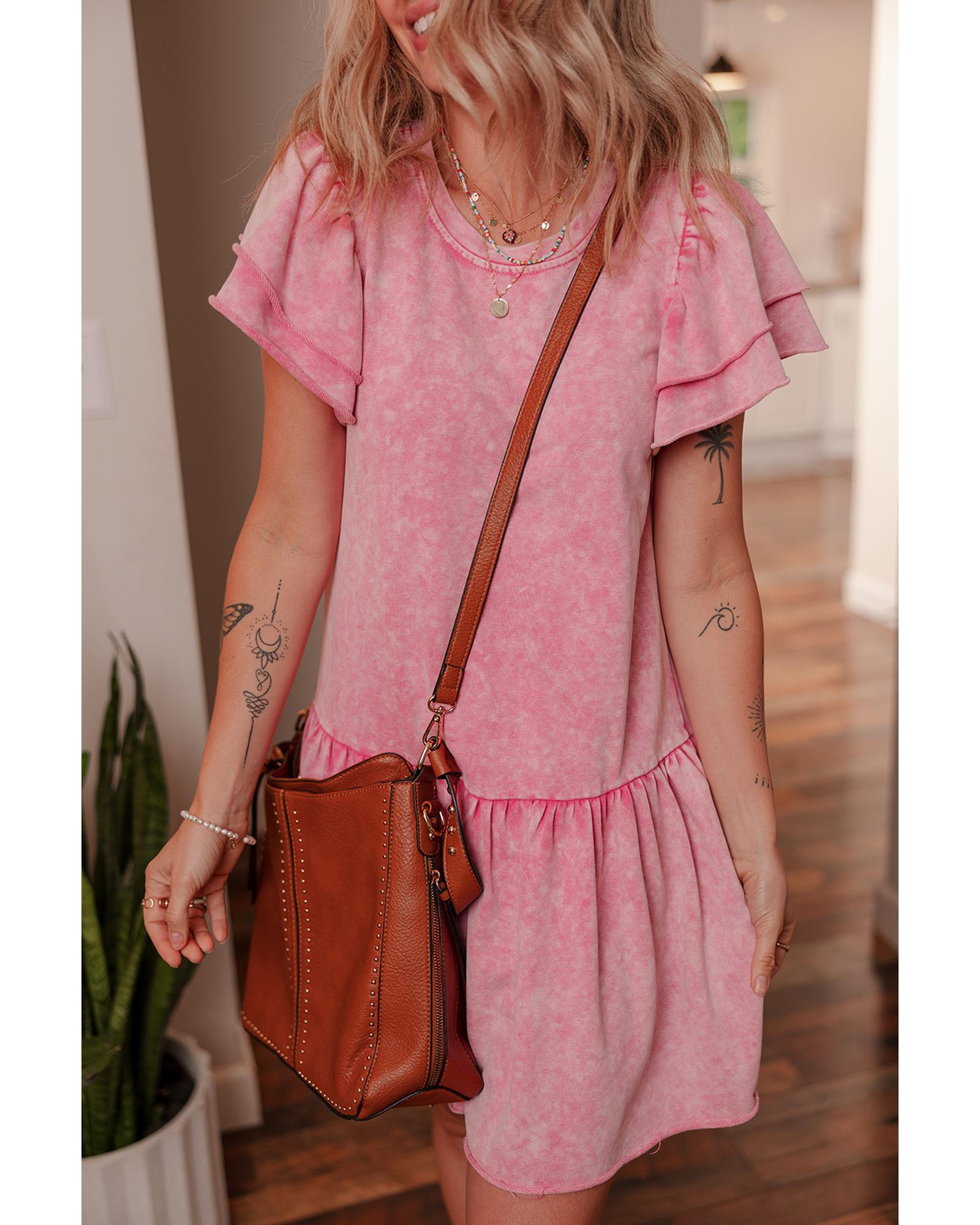 Sachet Pink Mineral Wash Raw Edge Ruffle Mini Dress - XL