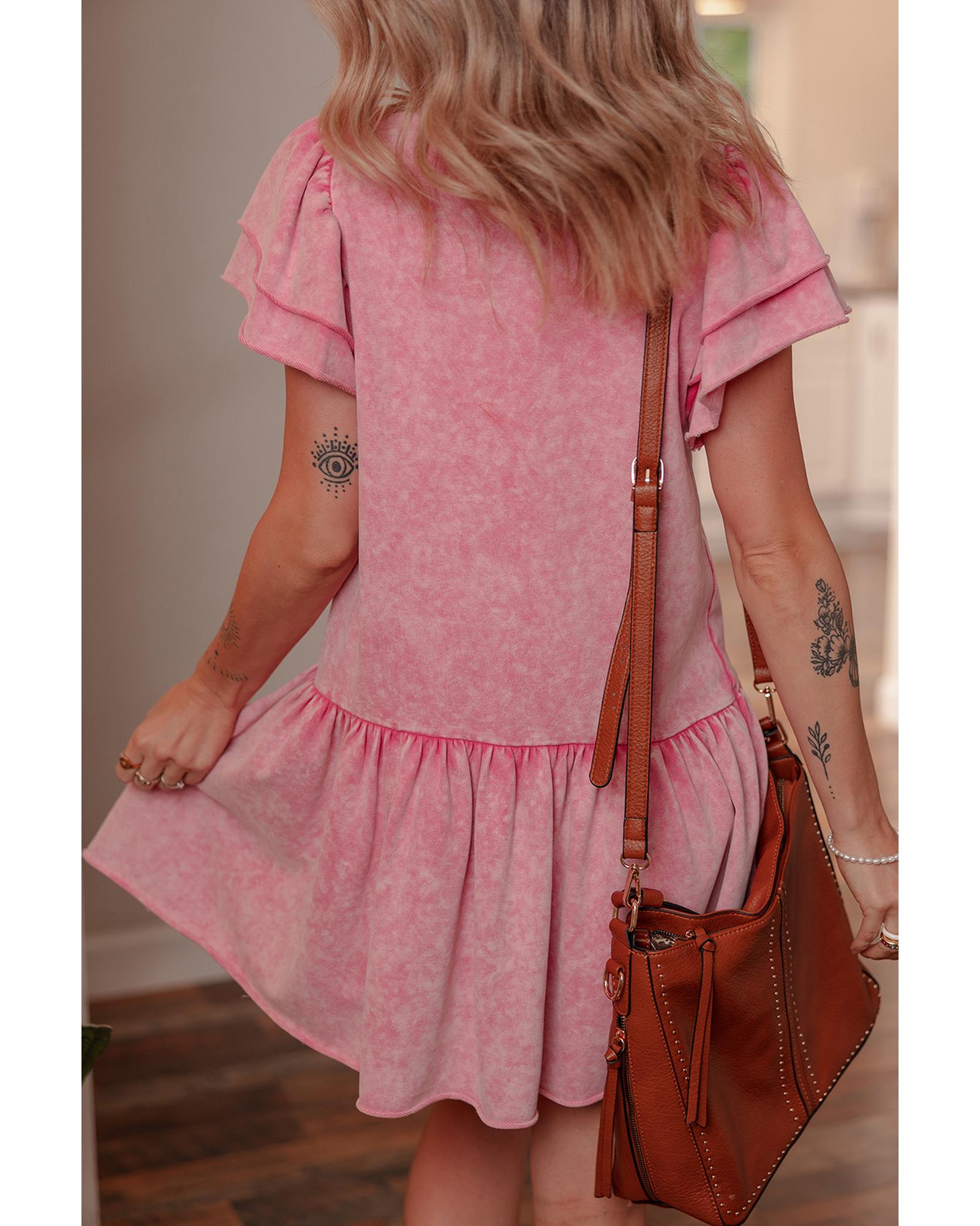 Sachet Pink Mineral Wash Raw Edge Ruffle Mini Dress - XL