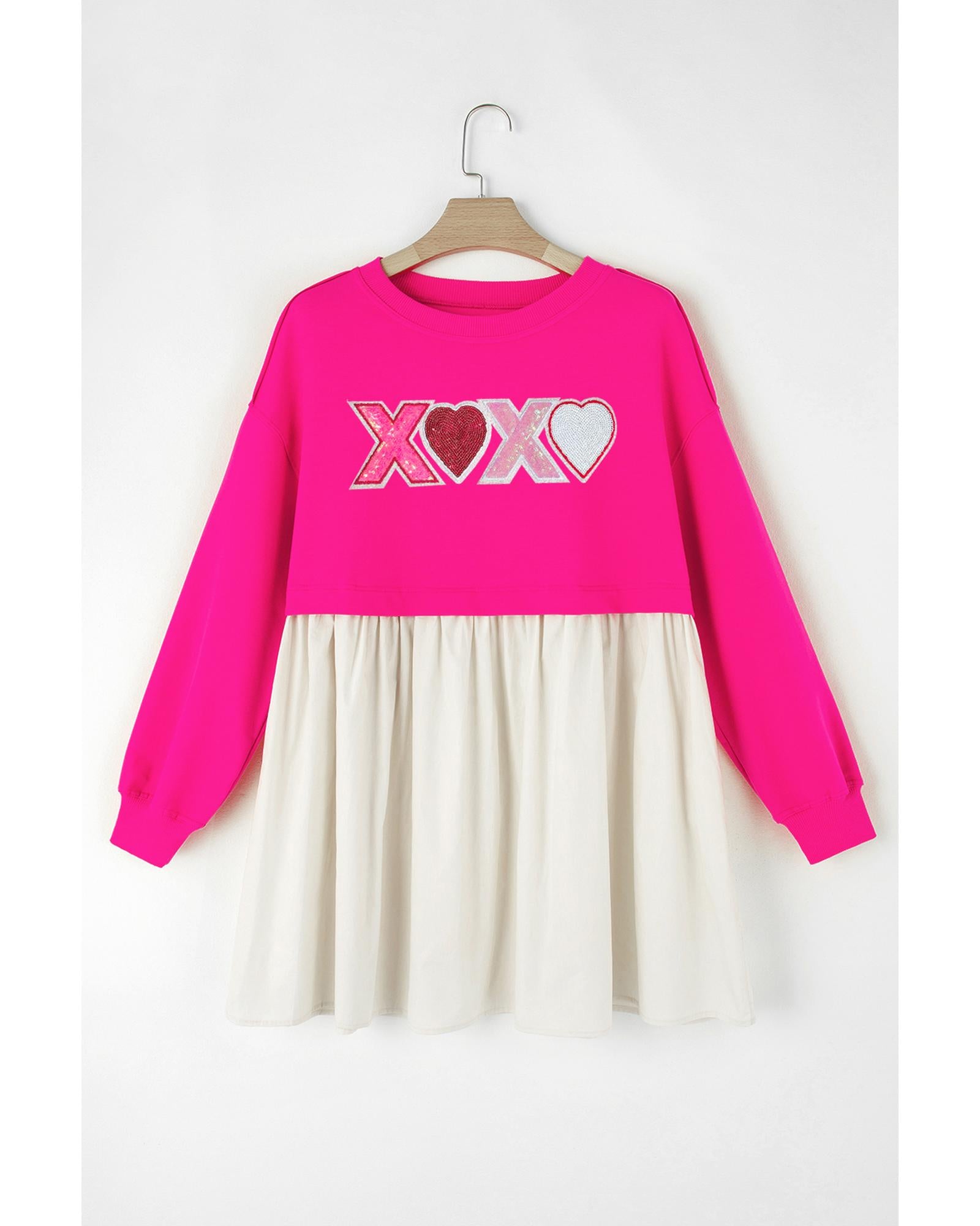 Rose Red Sequin Heart XOXO Graphic Colorblock Patchwork Hem Sweatshirt Dress - S
