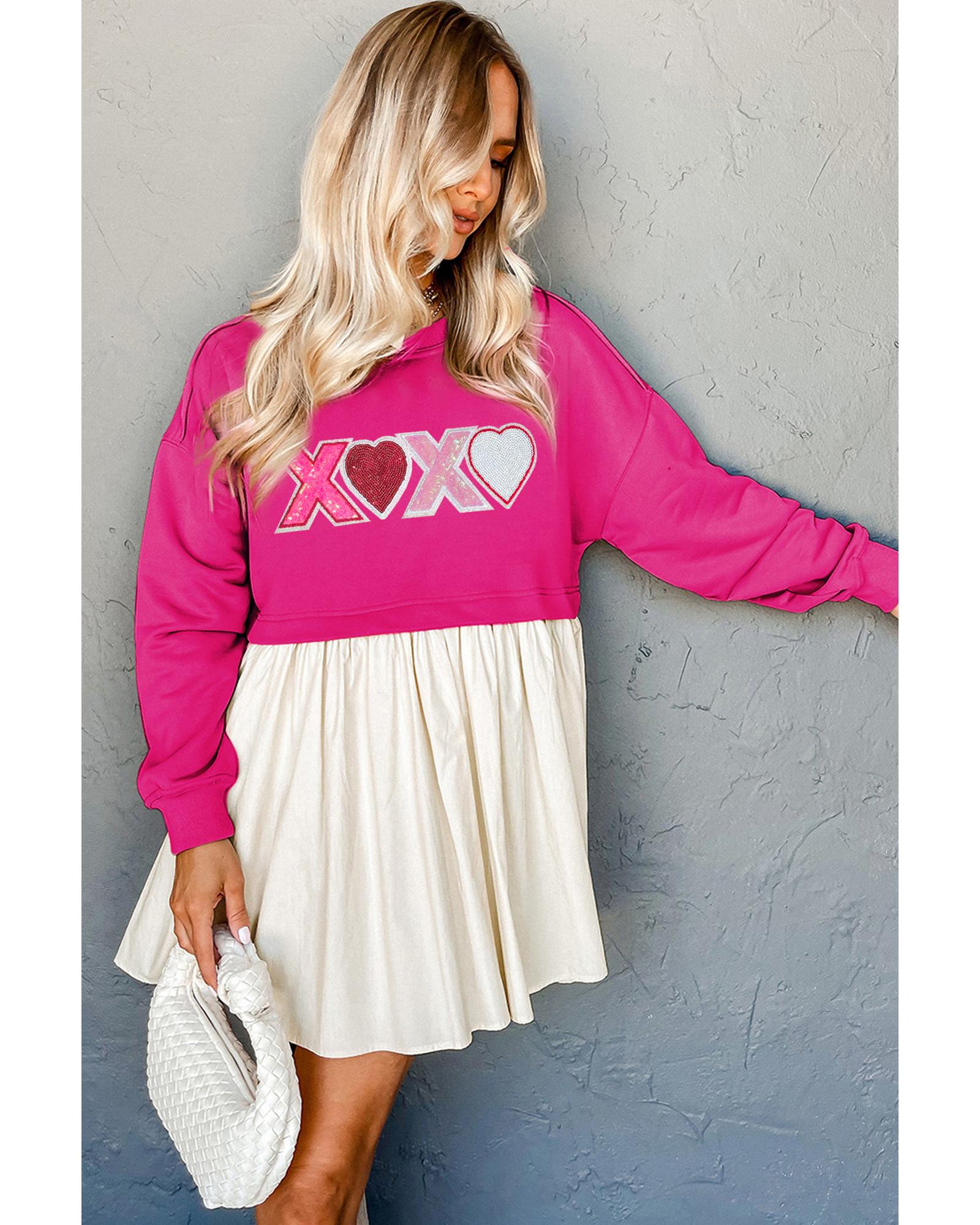 Rose Red Sequin Heart XOXO Graphic Colorblock Patchwork Hem Sweatshirt Dress - S