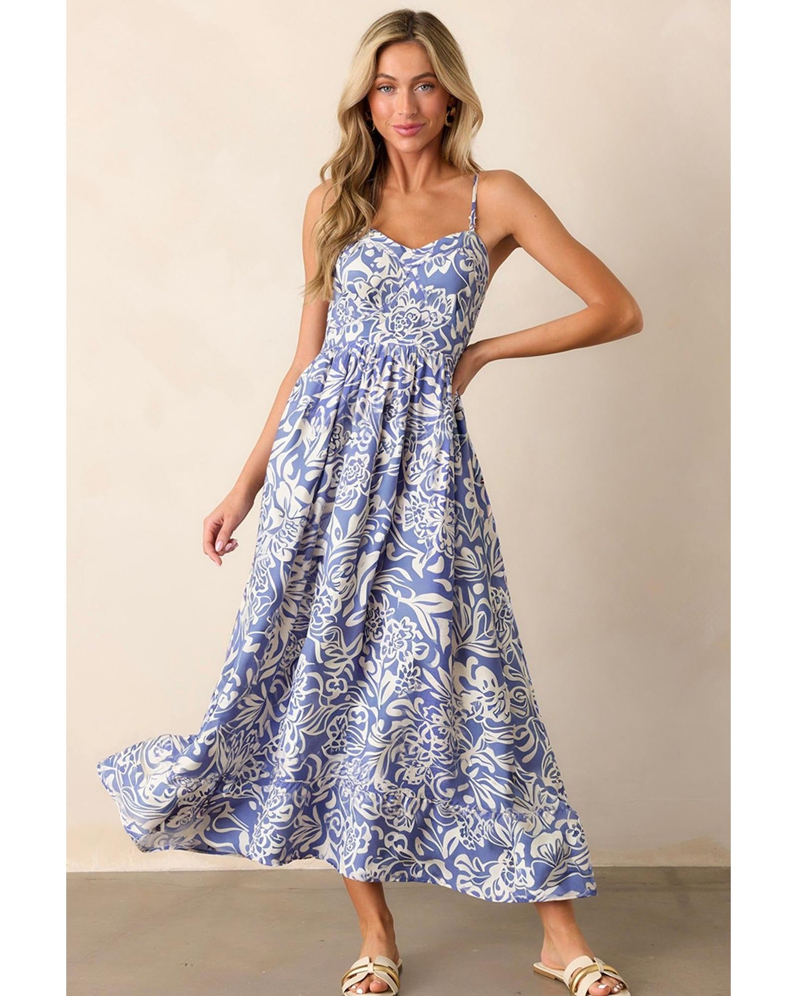 Sky Blue Floral Print Spaghetti Strap High Waist Maxi Dress - M