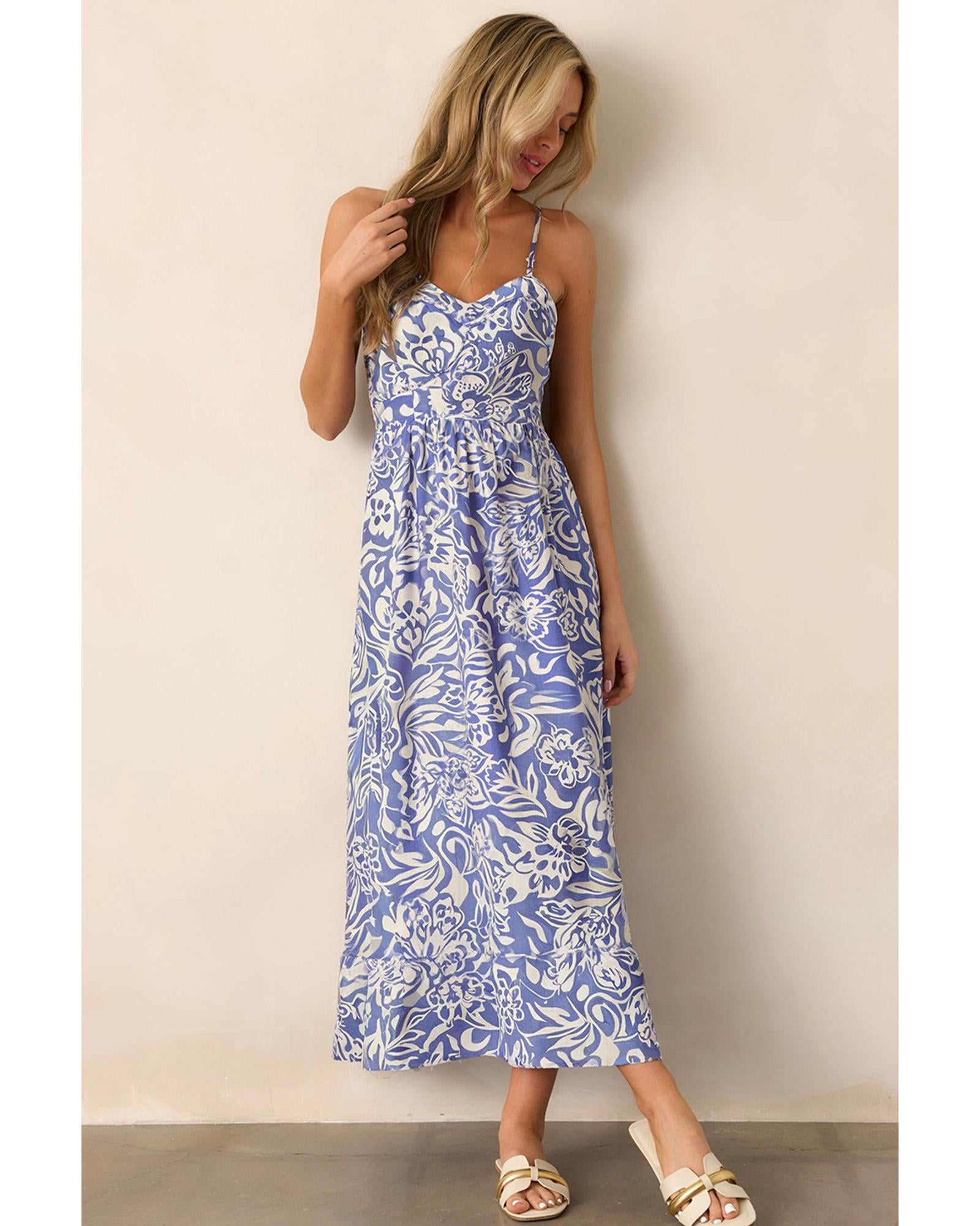 Sky Blue Floral Print Spaghetti Strap High Waist Maxi Dress - M