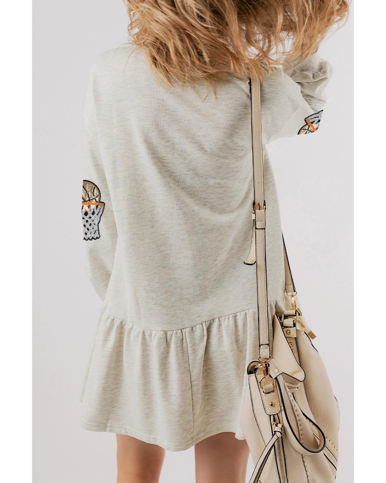 White Sequined Basketball Patched Ruffled Long Sleeve Mini Dress - L