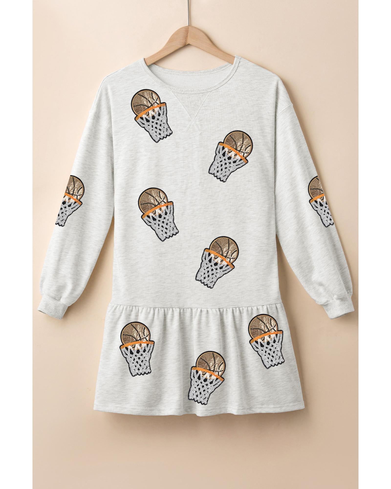 White Sequined Basketball Patched Ruffled Long Sleeve Mini Dress - L