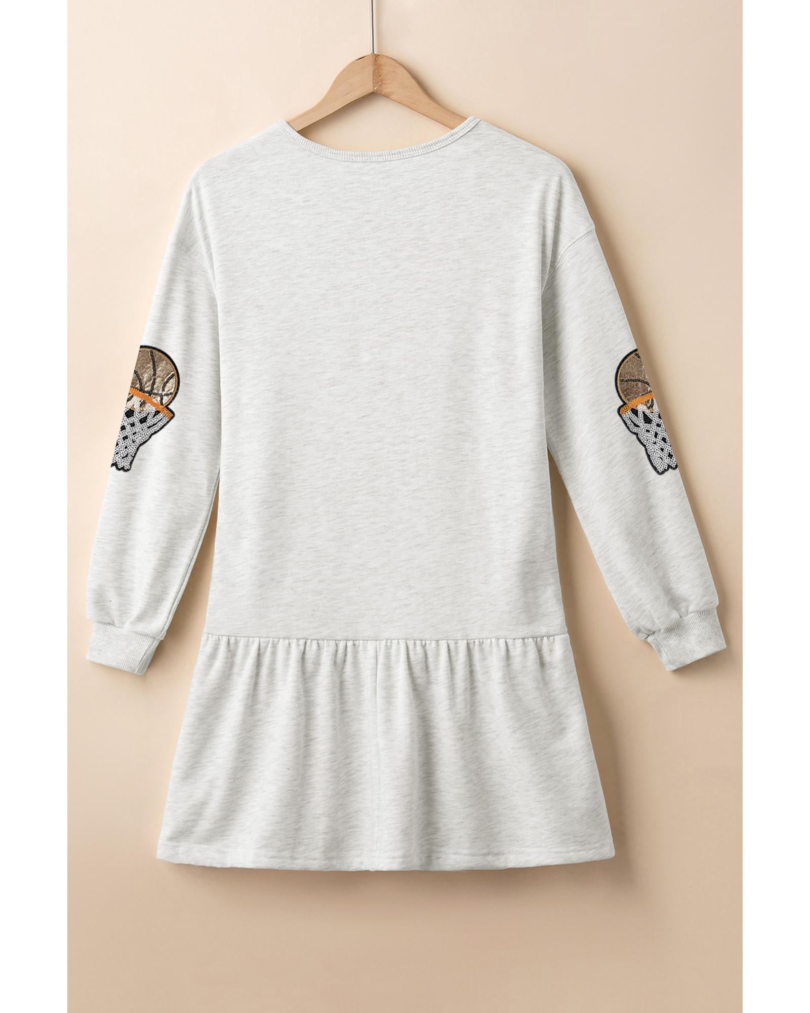 White Sequined Basketball Patched Ruffled Long Sleeve Mini Dress - L