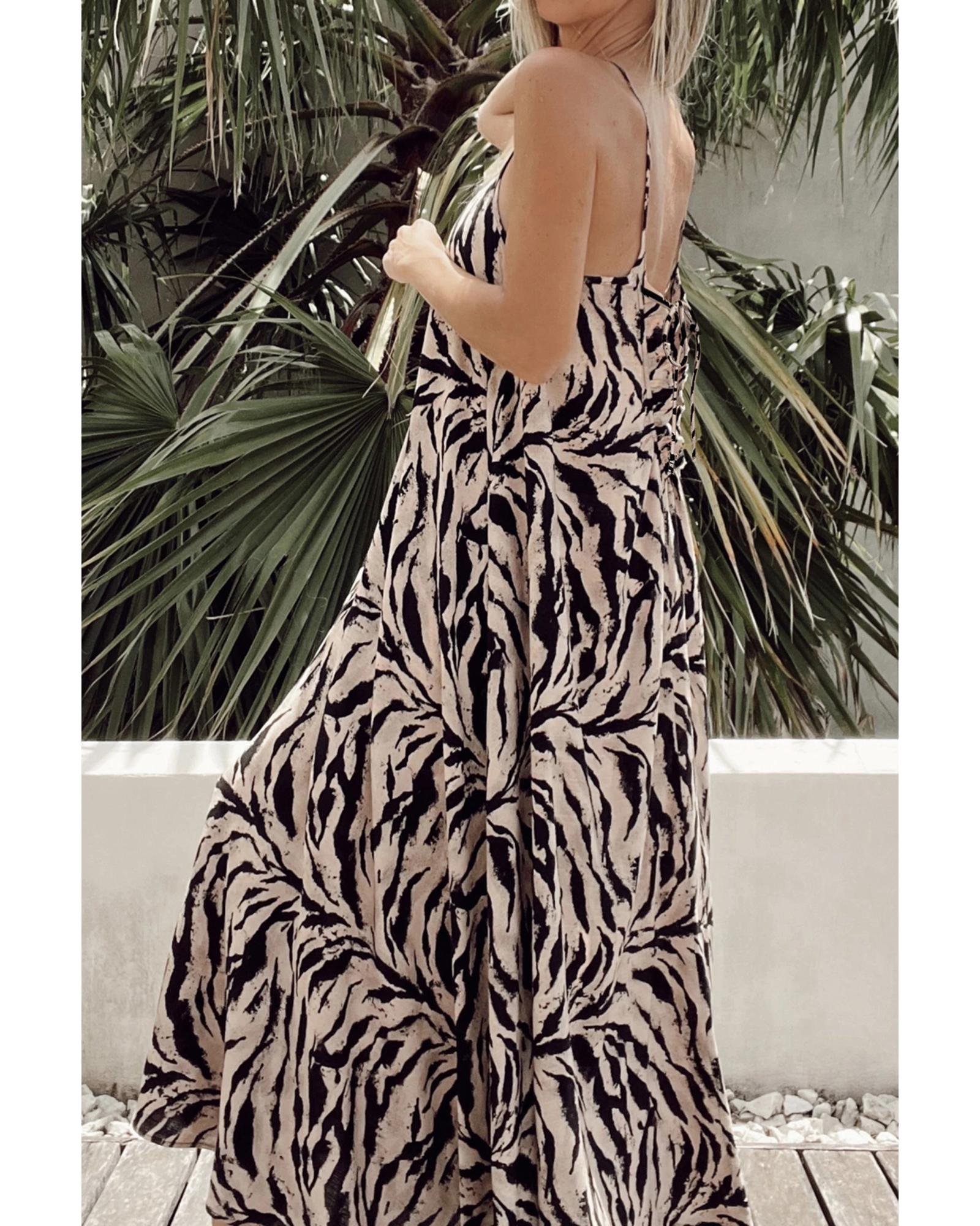 Black Abstract Print Open Back Boho Loose Maxi Sundress - M