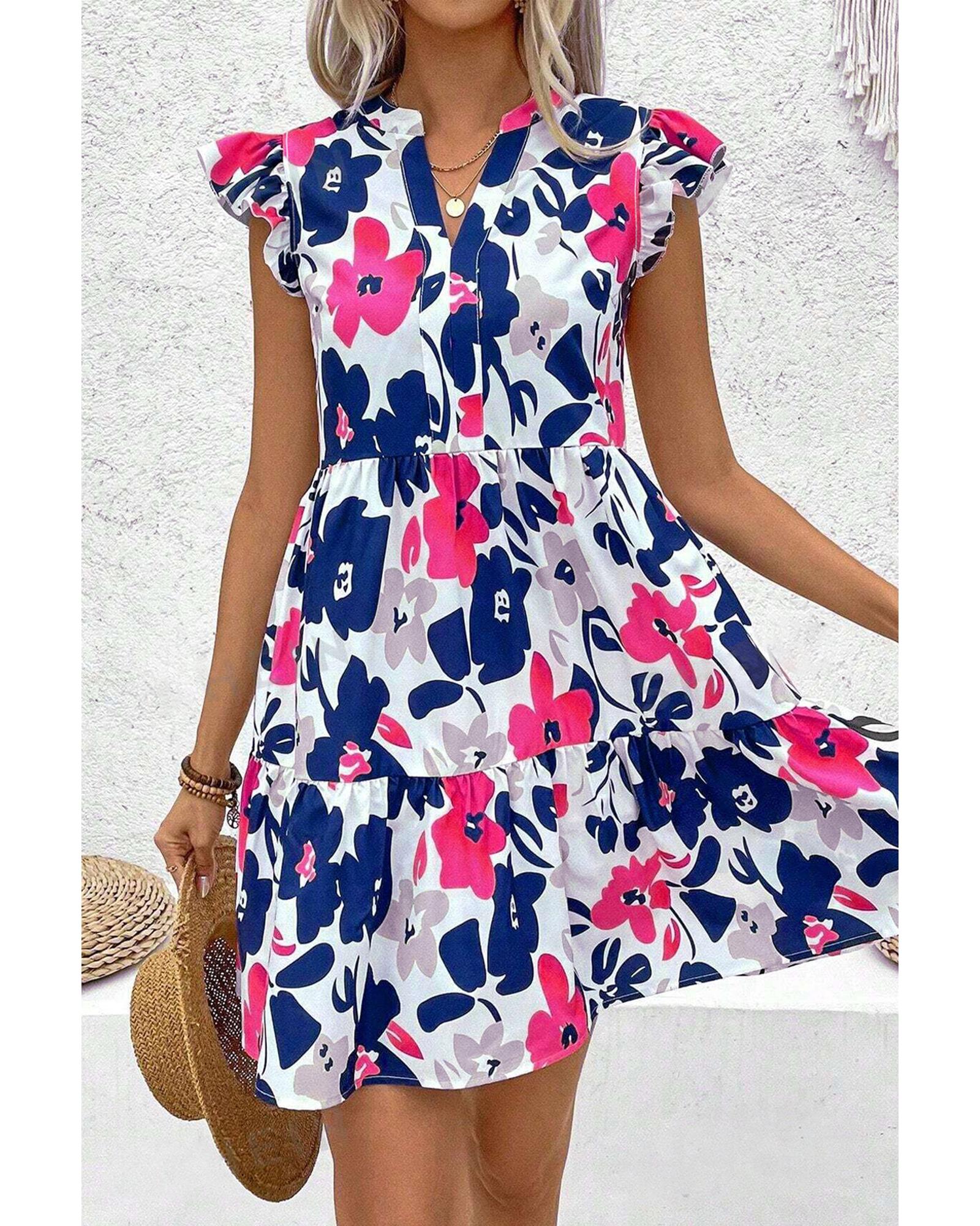 Fashion Floral Print Notched Neck Flutter Sleeve Mini Dress - S