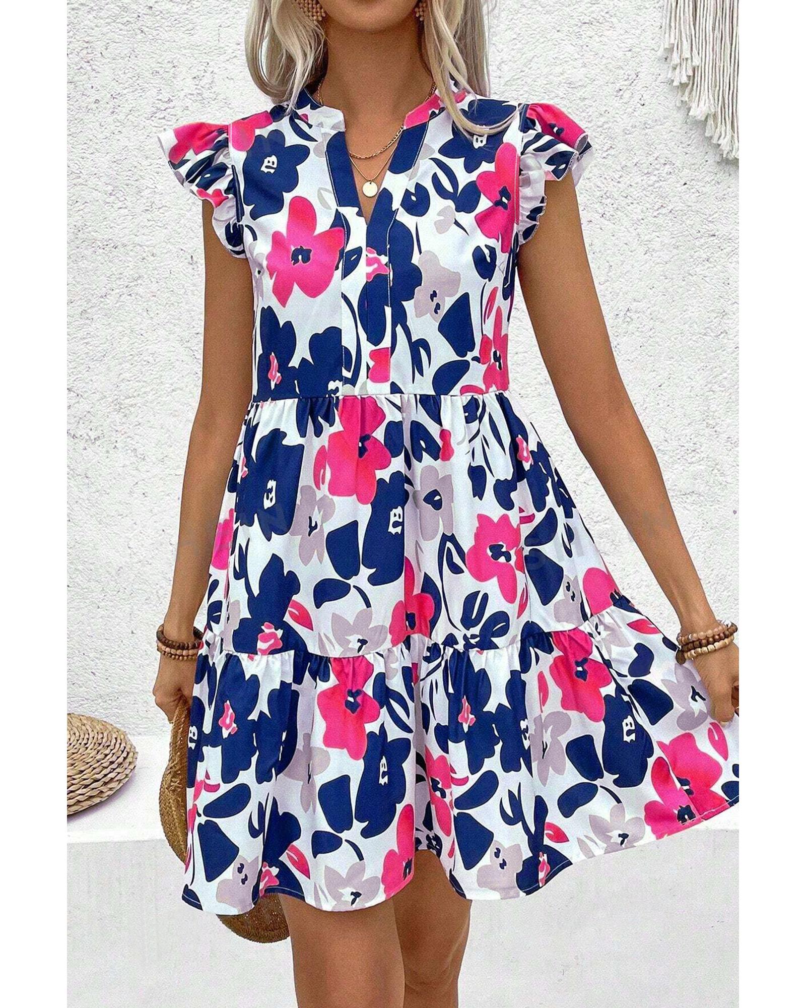 Fashion Floral Print Notched Neck Flutter Sleeve Mini Dress - XL