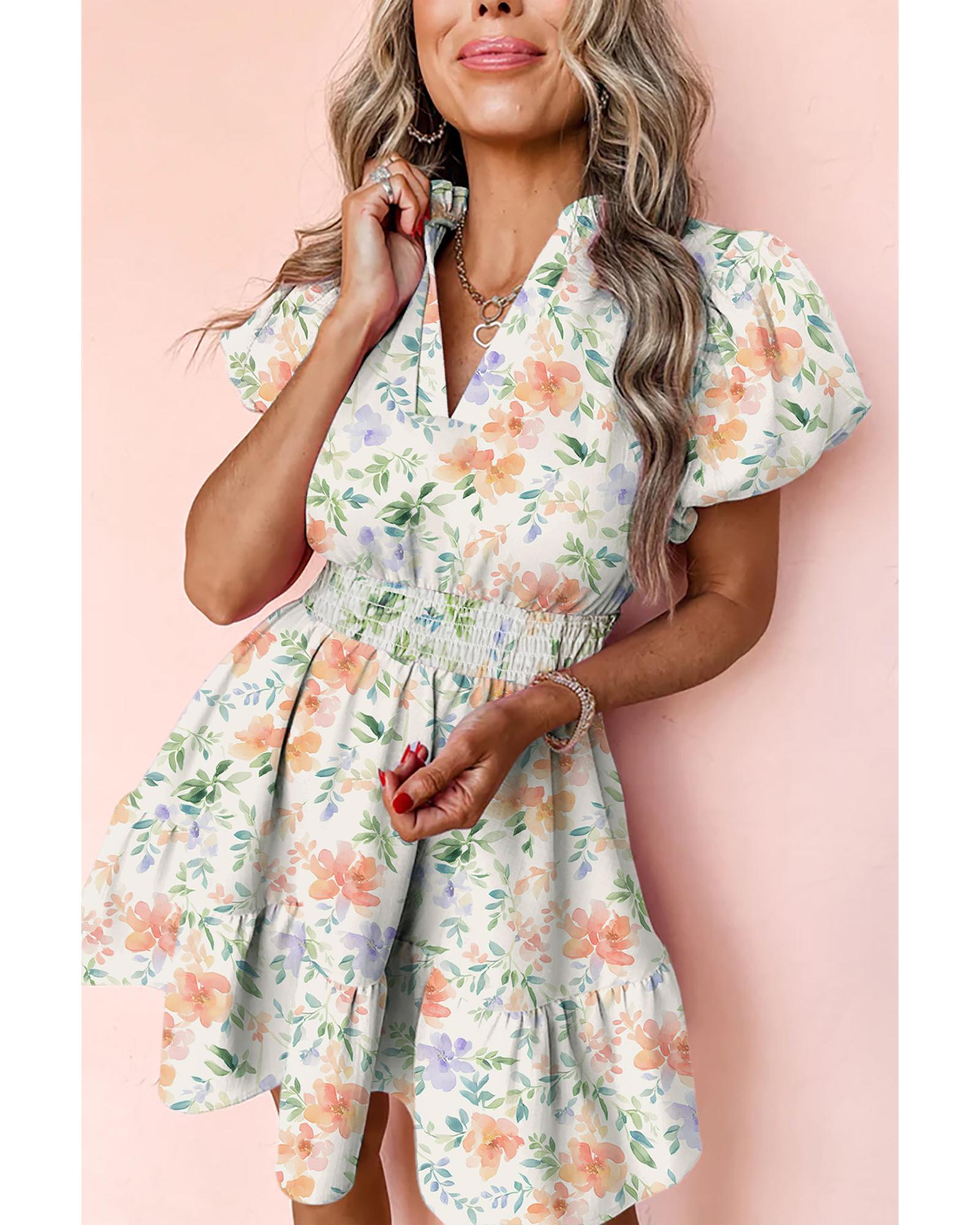 Beige Floral Print Shirred High Waist Puff Sleeve Mini Dress - XL