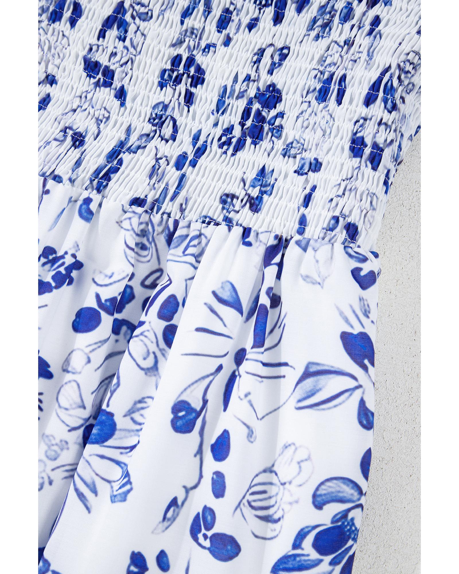 Sky Blue Floral Print Square Neck Bubble Sleeve High Waist Maxi Dress - L