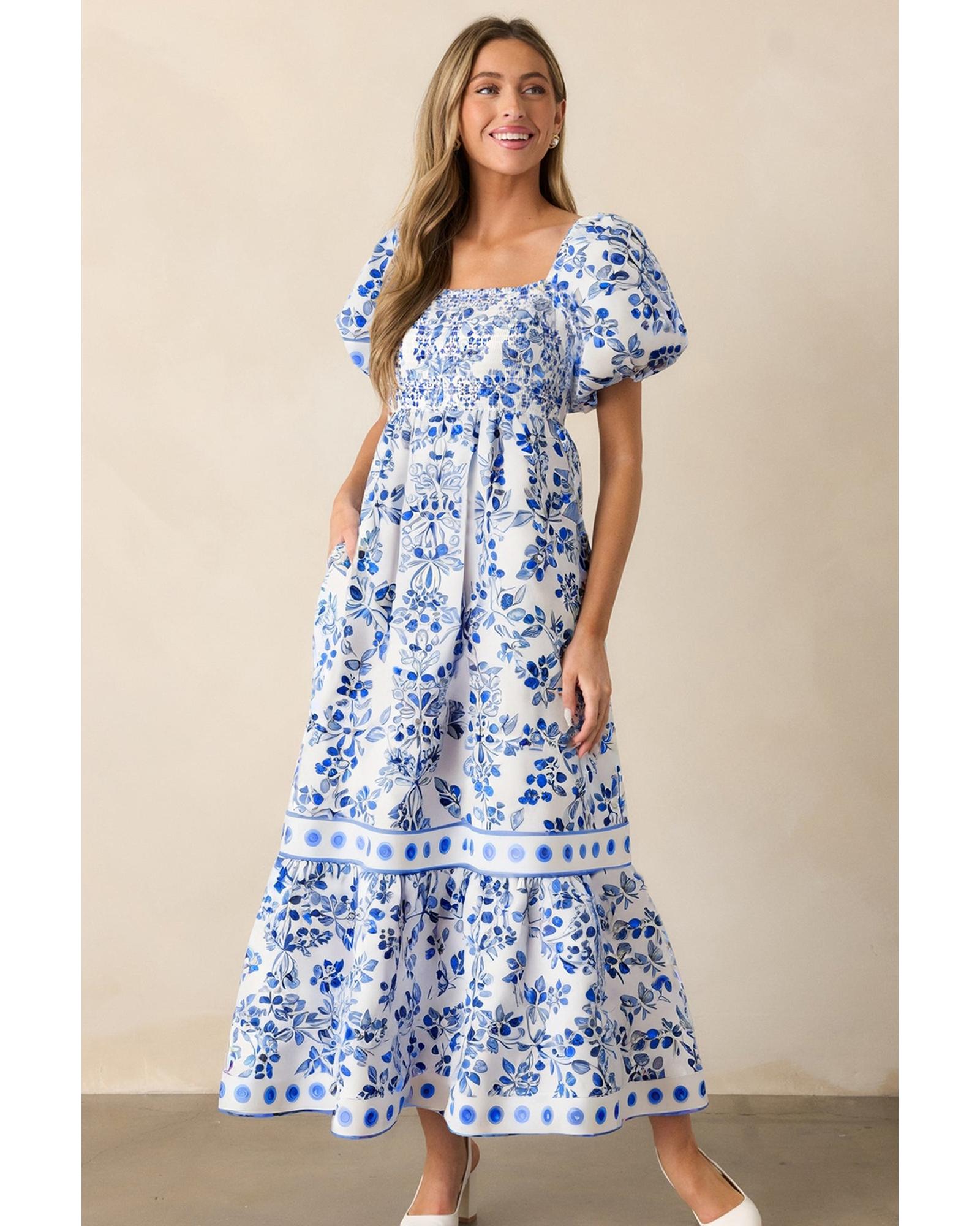 Sky Blue Floral Print Square Neck Bubble Sleeve High Waist Maxi Dress - M