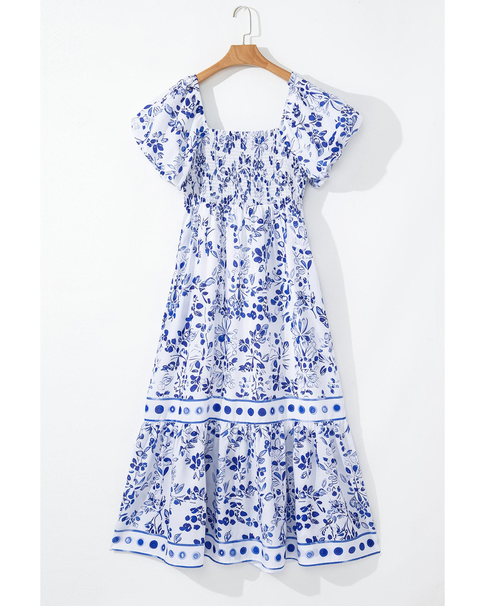 Sky Blue Floral Print Square Neck Bubble Sleeve High Waist Maxi Dress - M