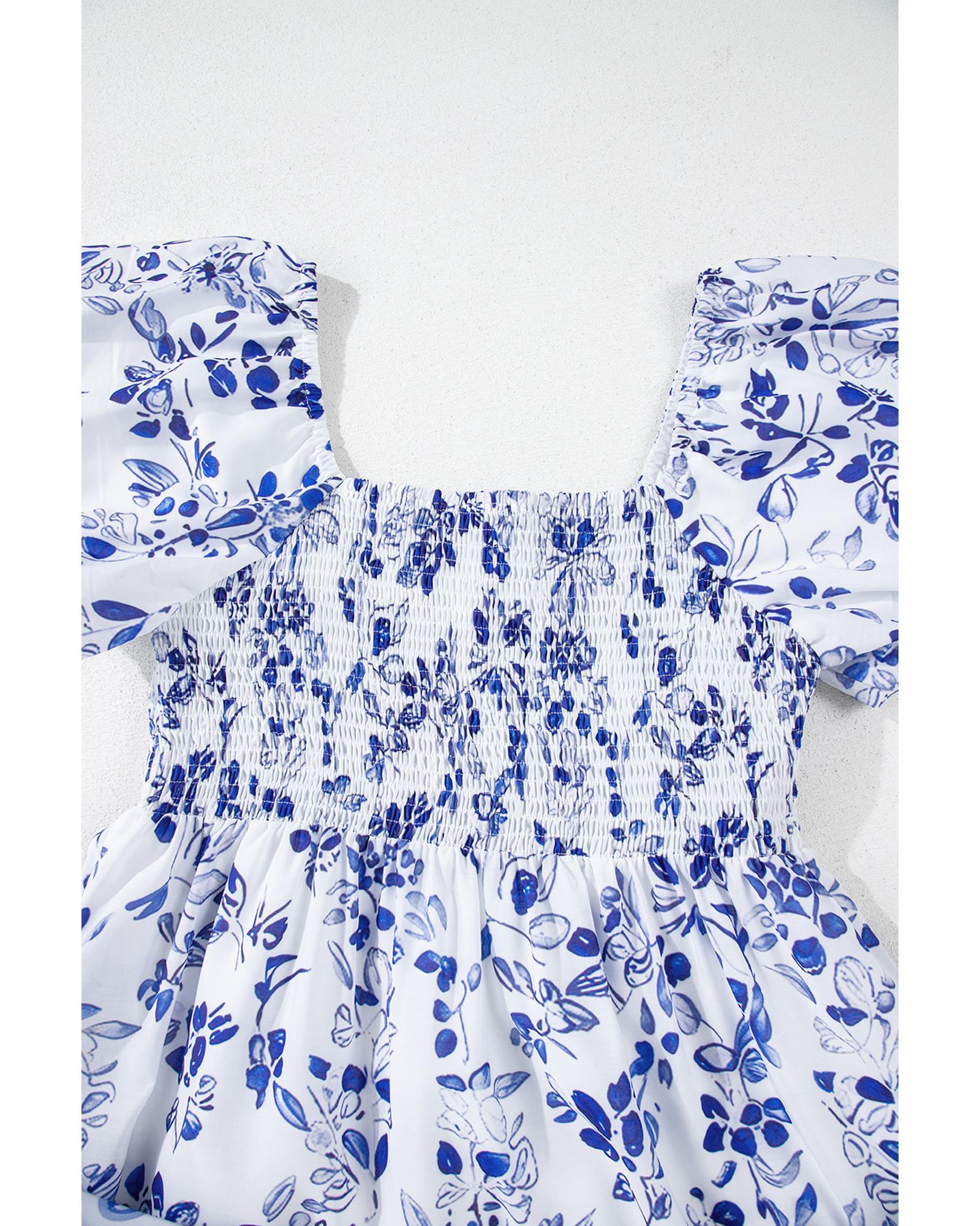 Sky Blue Floral Print Square Neck Bubble Sleeve High Waist Maxi Dress - M