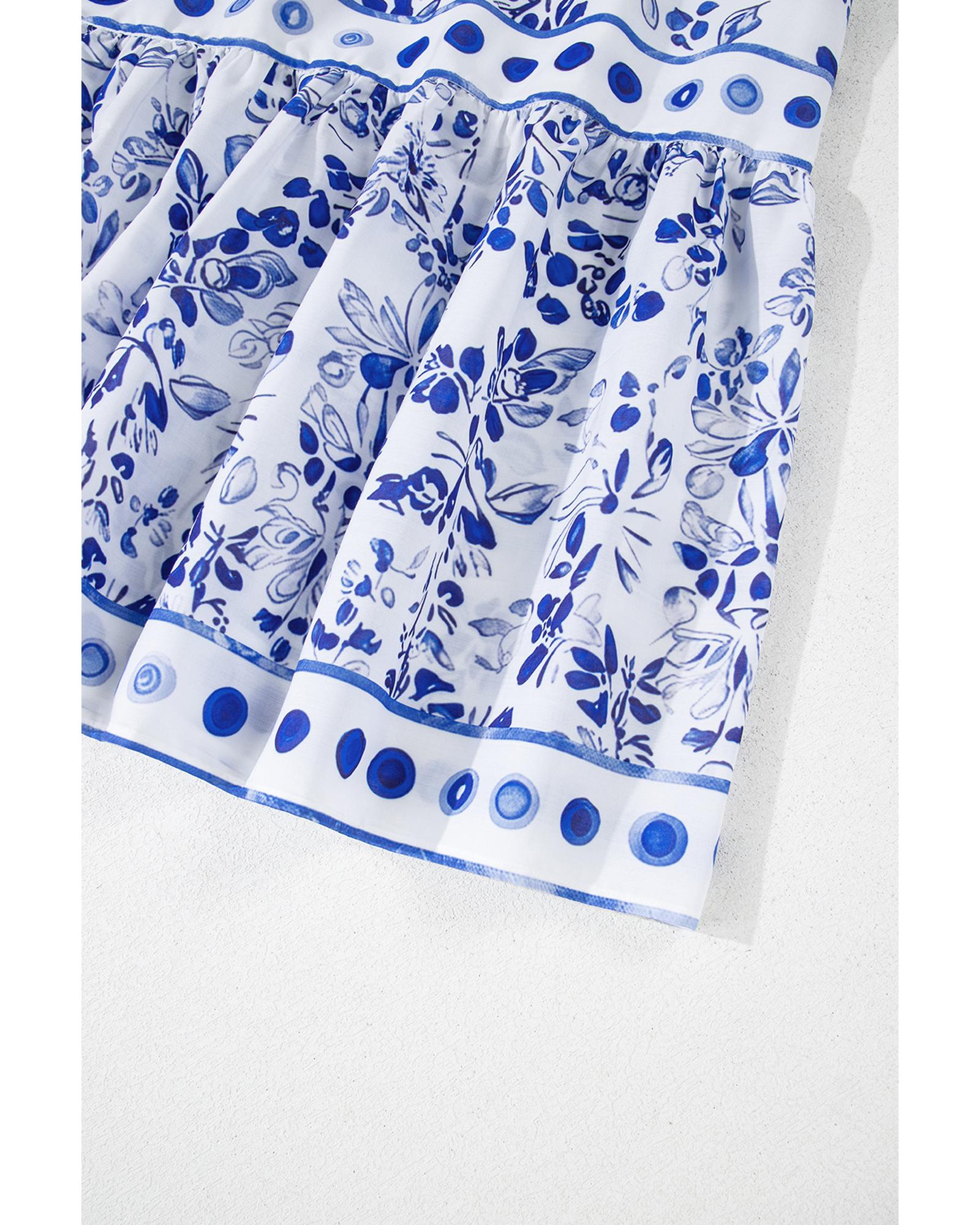 Sky Blue Floral Print Square Neck Bubble Sleeve High Waist Maxi Dress - M