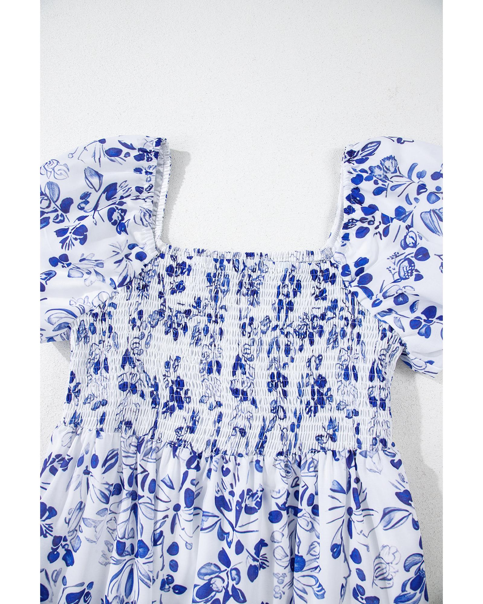 Sky Blue Floral Print Square Neck Bubble Sleeve High Waist Maxi Dress - M