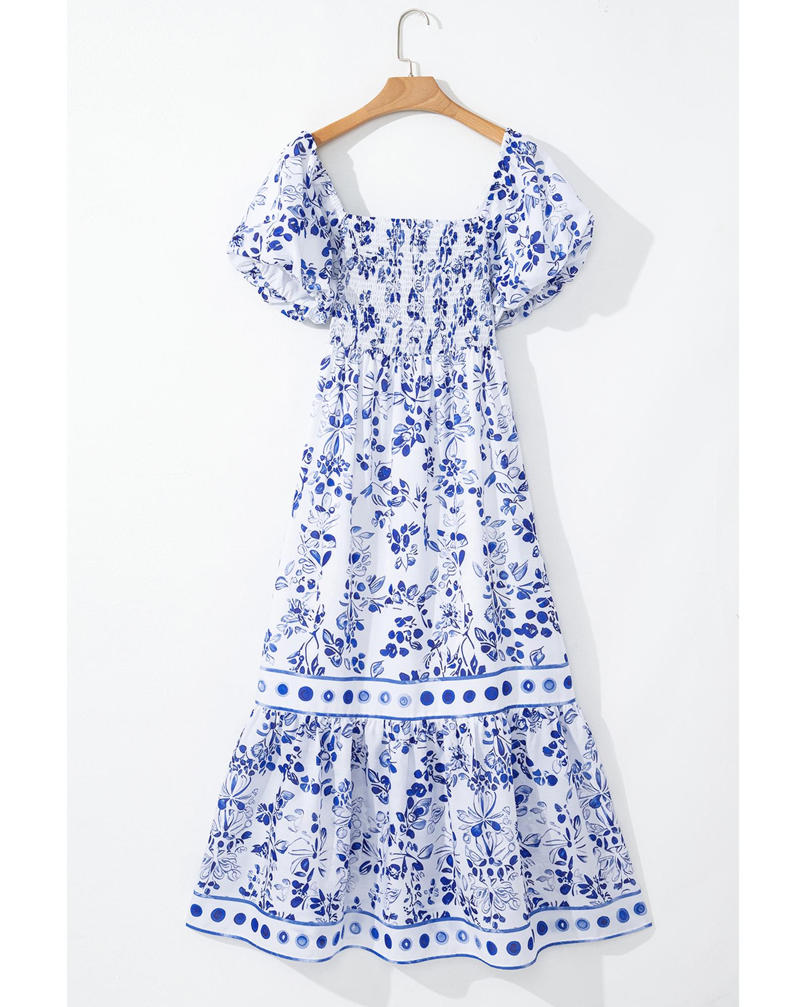 Sky Blue Floral Print Square Neck Bubble Sleeve High Waist Maxi Dress - XL