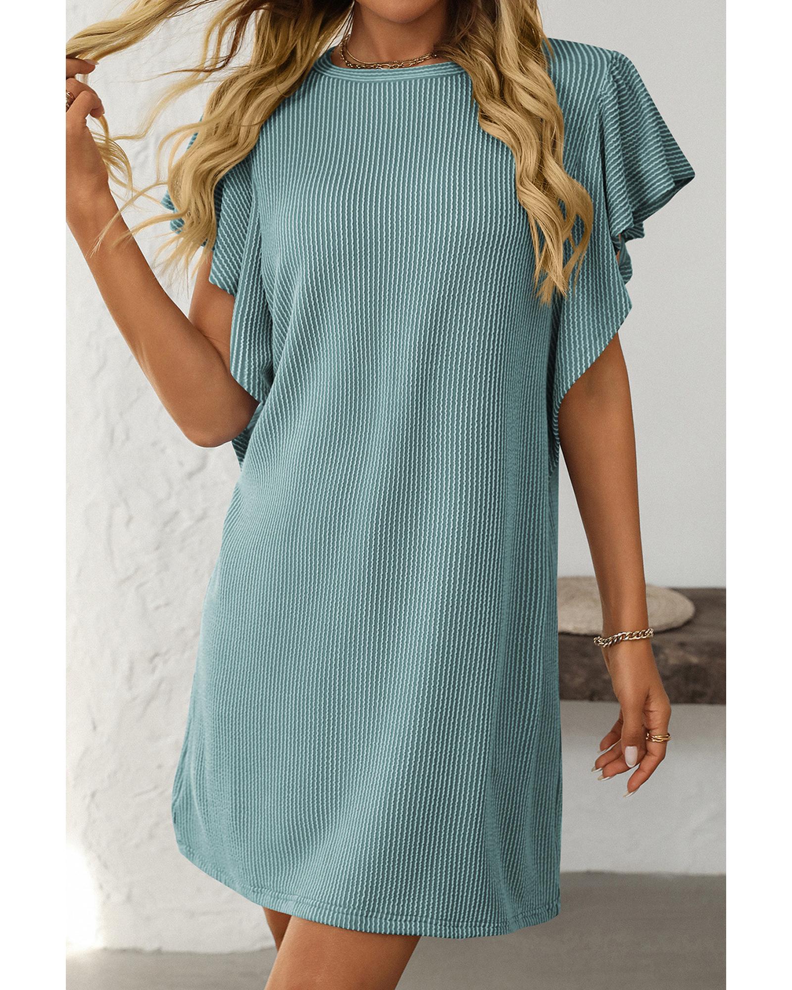Canton Corded Ruffle Sleeve Crew Neck Shift Dress - S