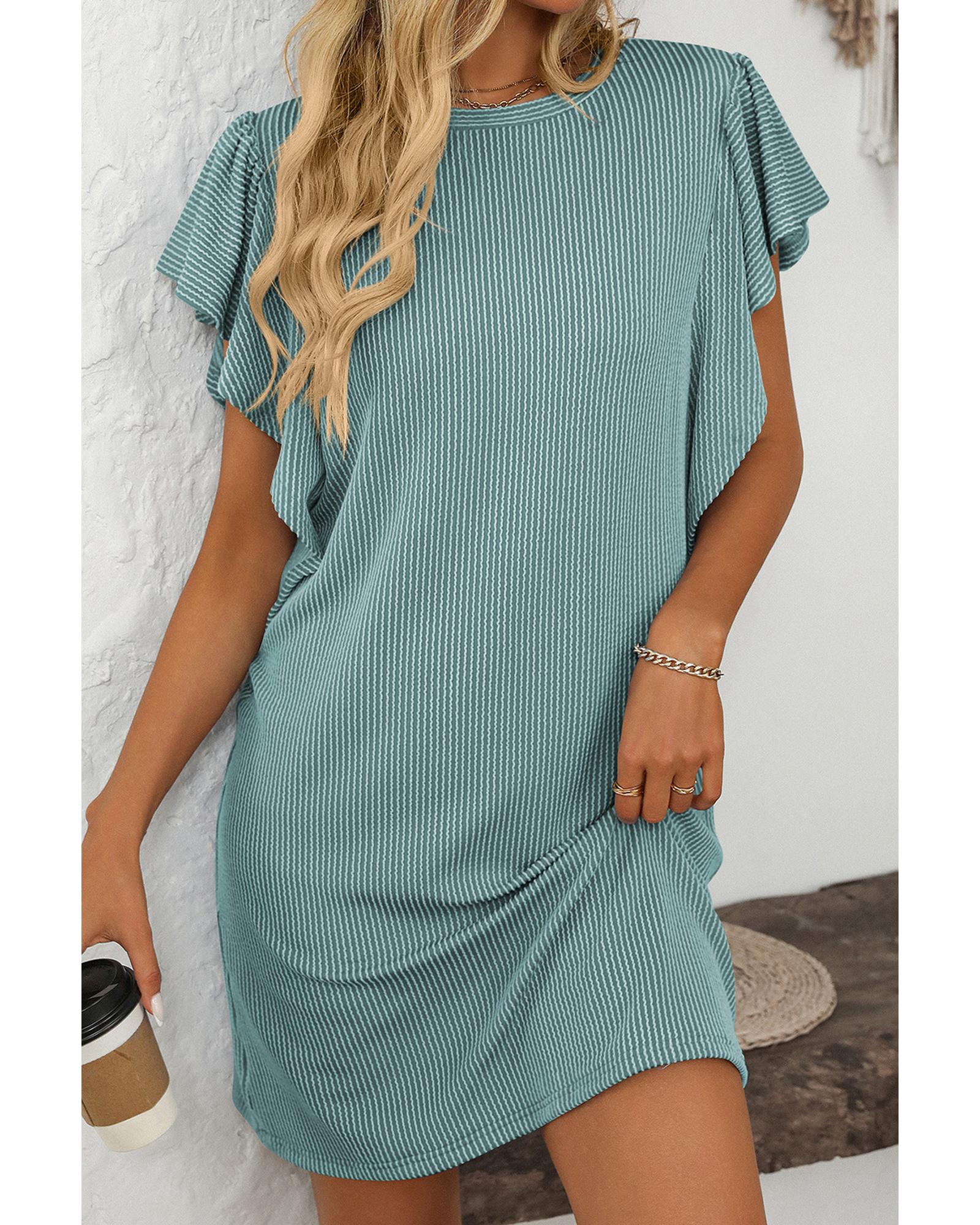 Canton Corded Ruffle Sleeve Crew Neck Shift Dress - S