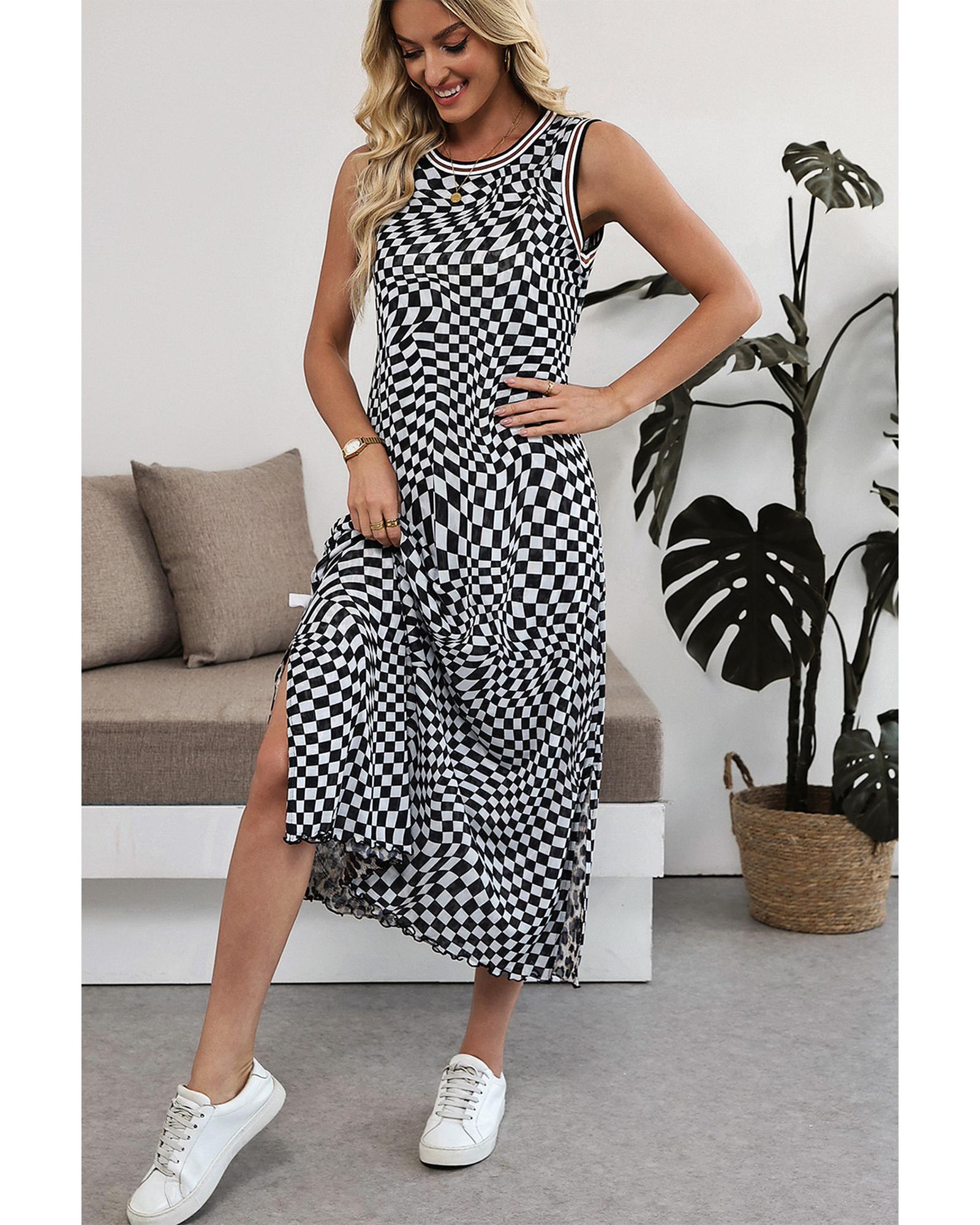 Multicolour Leopard Checkered Double Printed Reversible Sleeveless Long Dress - L