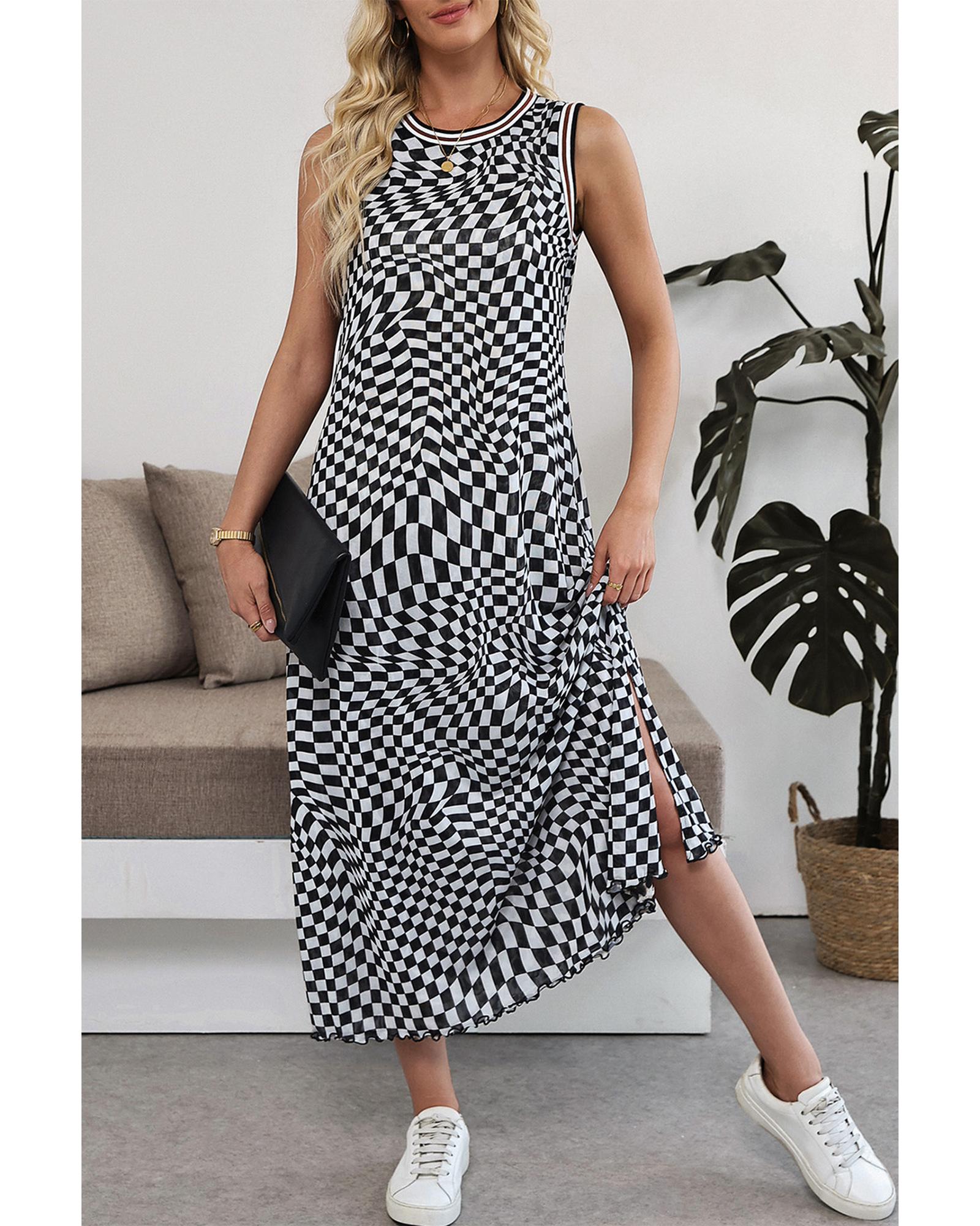 Multicolour Leopard Checkered Double Printed Reversible Sleeveless Long Dress - L