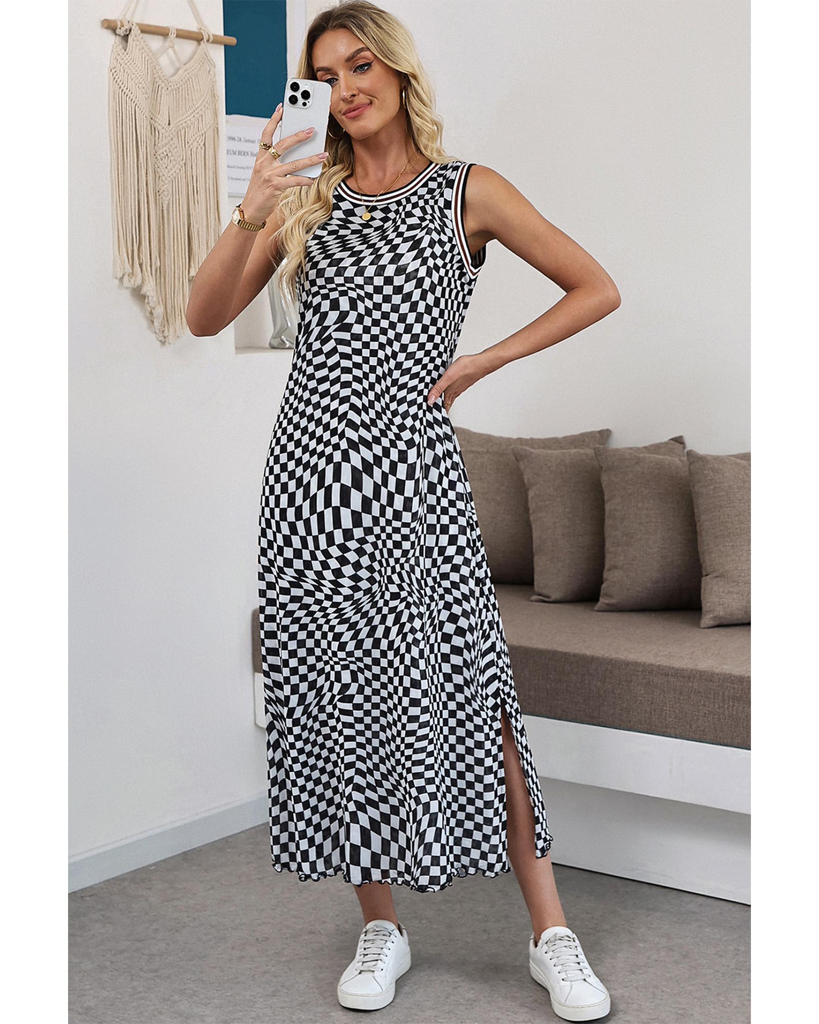 Multicolour Leopard Checkered Double Printed Reversible Sleeveless Long Dress - M
