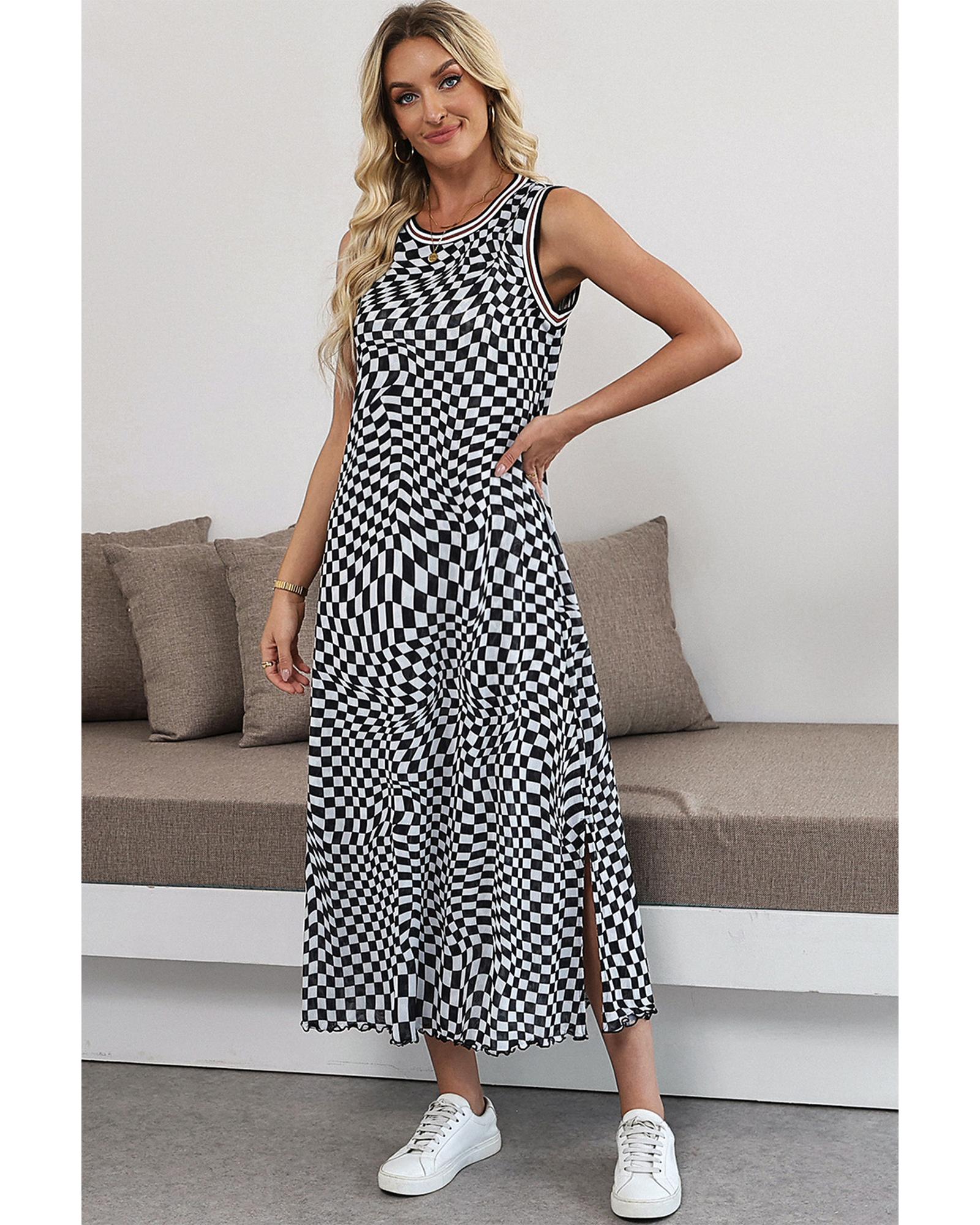Multicolour Leopard Checkered Double Printed Reversible Sleeveless Long Dress - M
