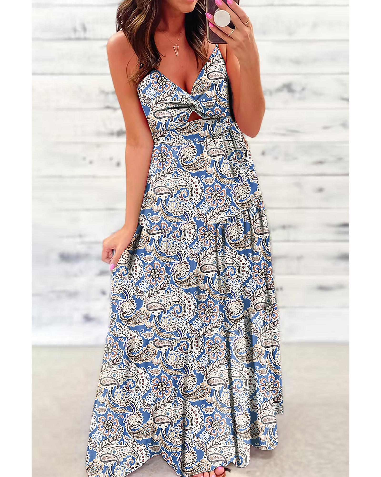 Blue Paisley Print Twist Detail Smocked Back Spaghetti Straps Long Dress - L