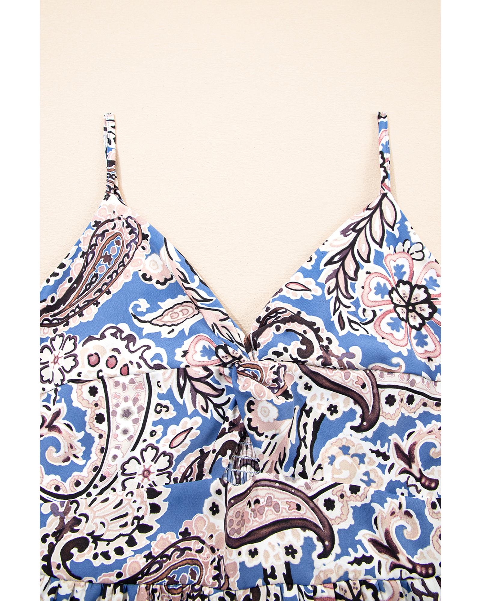 Blue Paisley Print Twist Detail Smocked Back Spaghetti Straps Long Dress - L