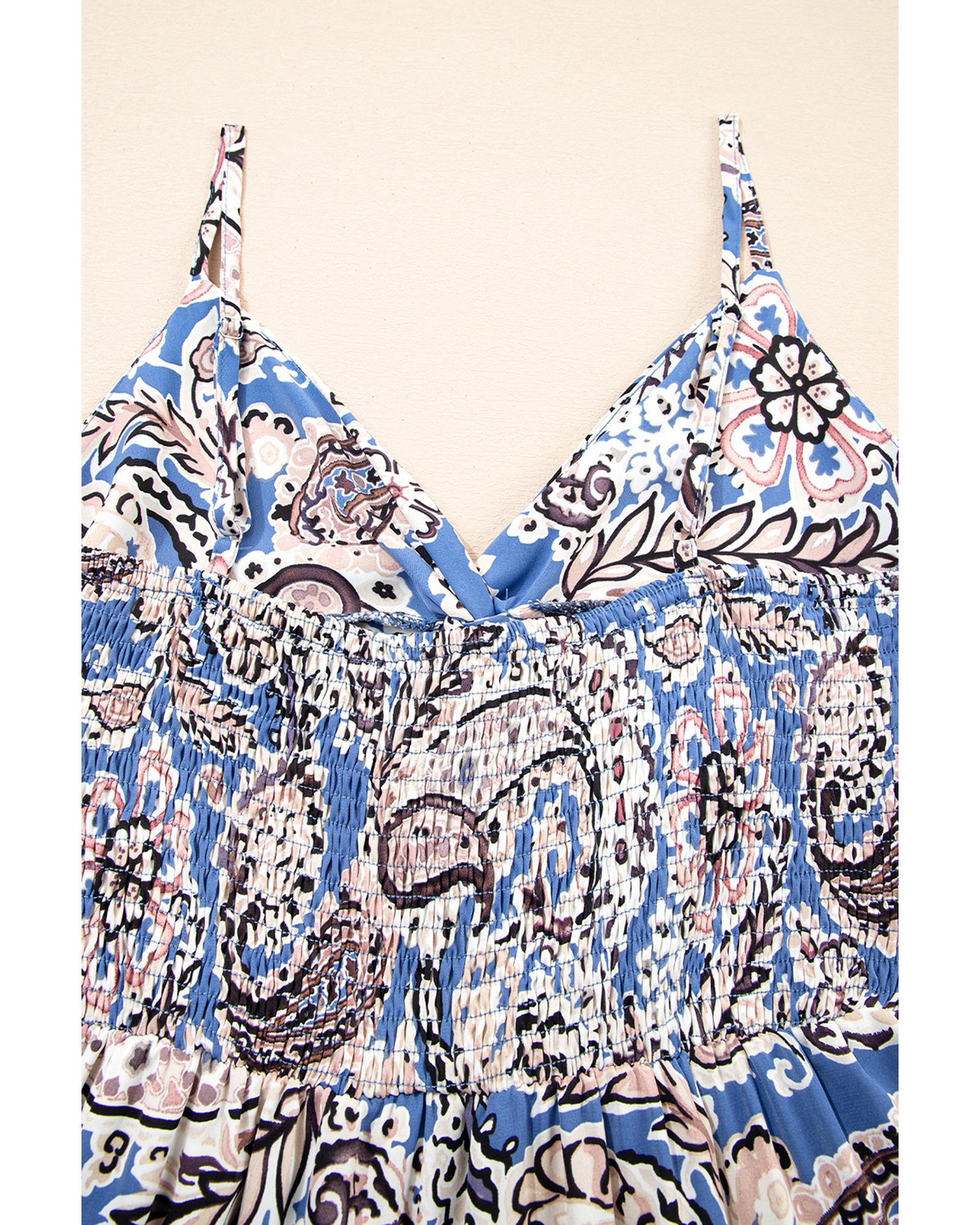 Blue Paisley Print Twist Detail Smocked Back Spaghetti Straps Long Dress - L