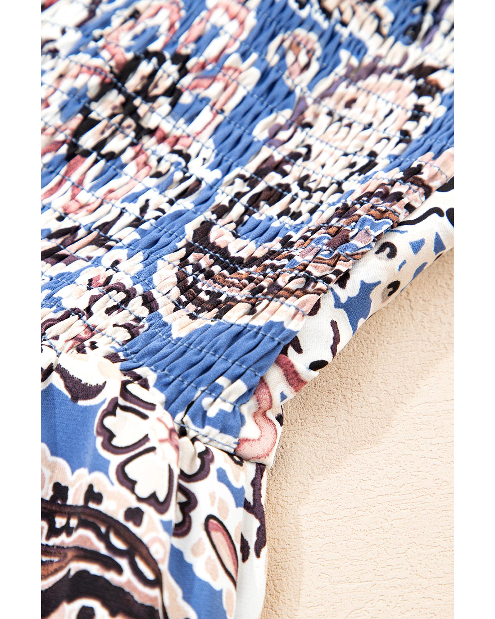 Blue Paisley Print Twist Detail Smocked Back Spaghetti Straps Long Dress - L