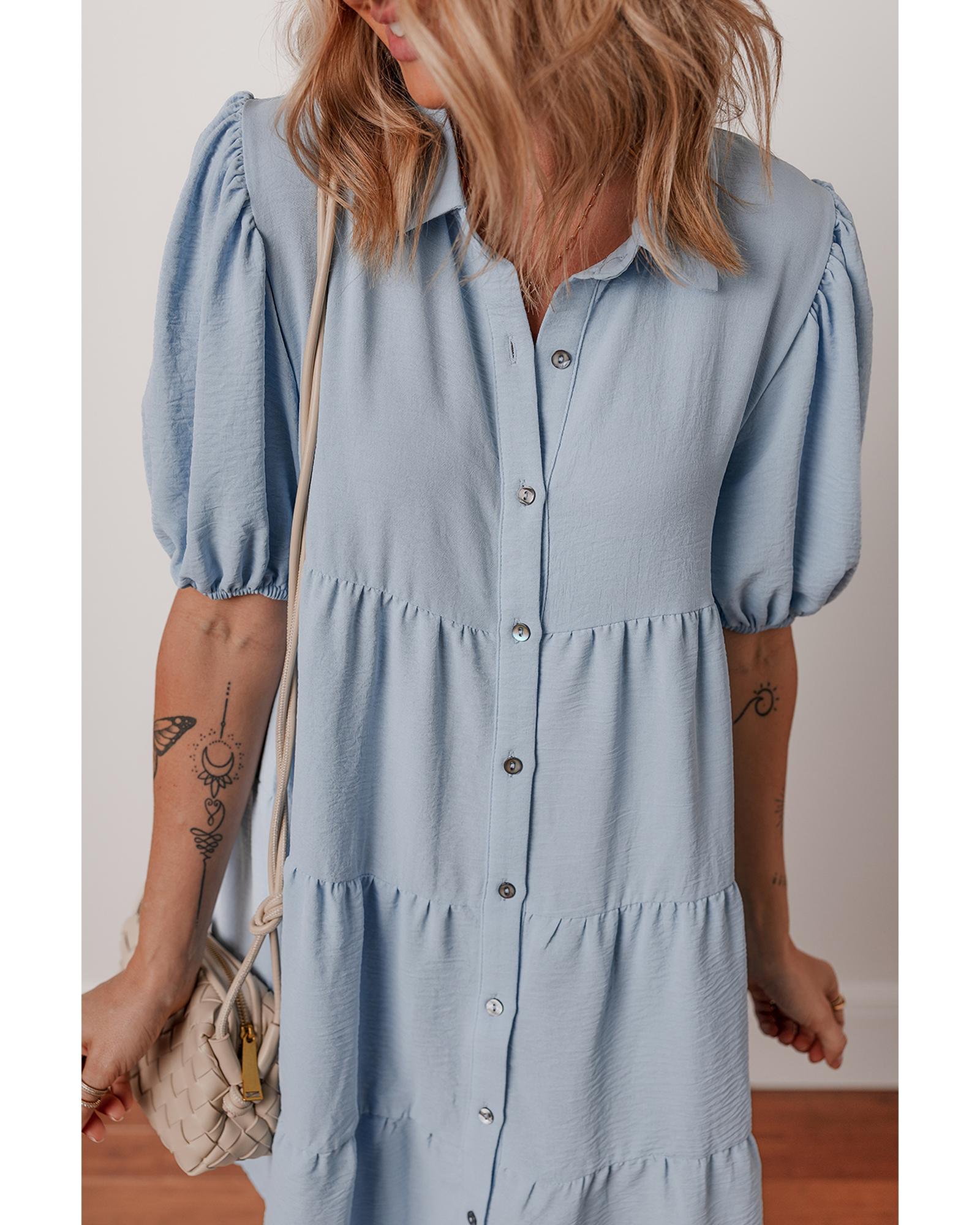 Beau Blue Shirt Collar Button Up Short Puff Sleeve Tiered Shift Dress - L