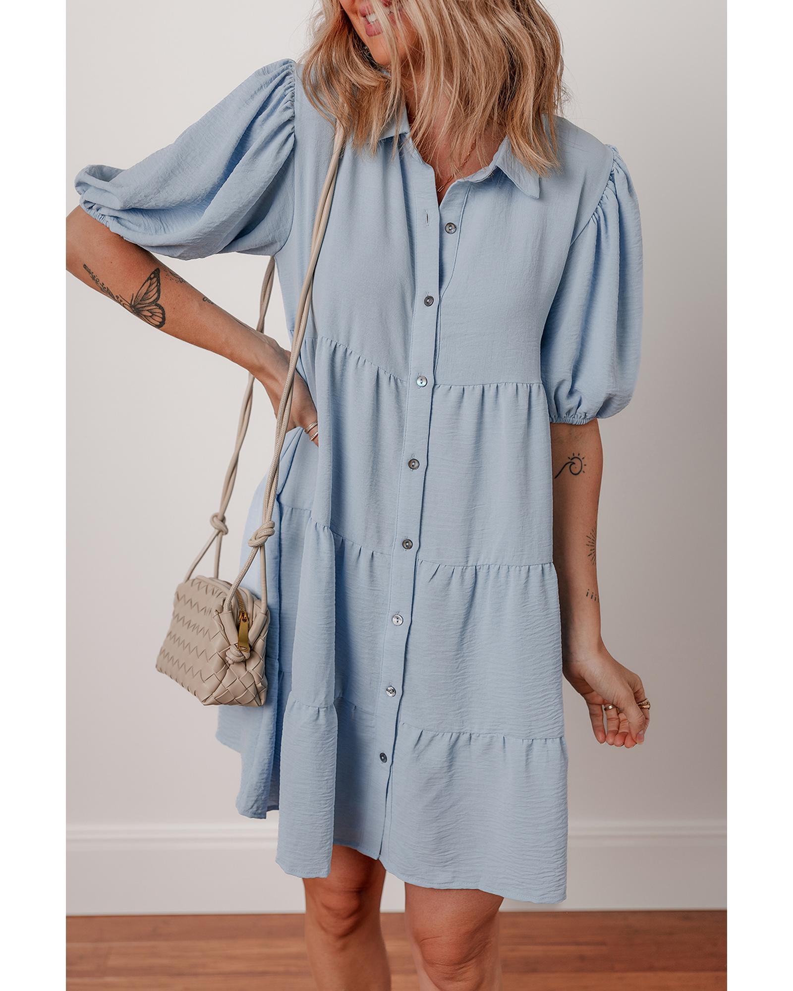 Beau Blue Shirt Collar Button Up Short Puff Sleeve Tiered Shift Dress - XL