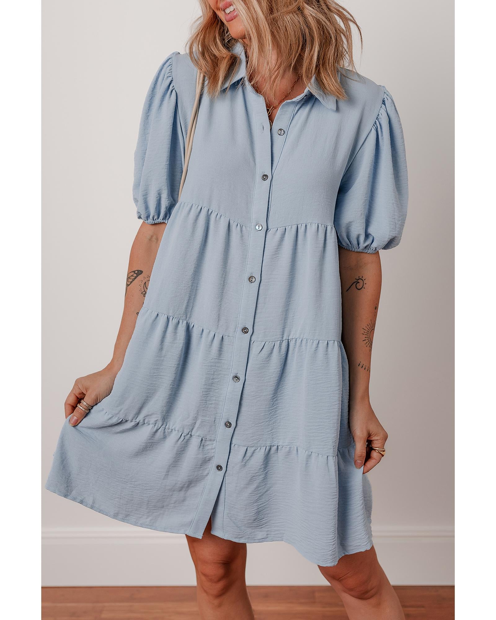 Beau Blue Shirt Collar Button Up Short Puff Sleeve Tiered Shift Dress - XL