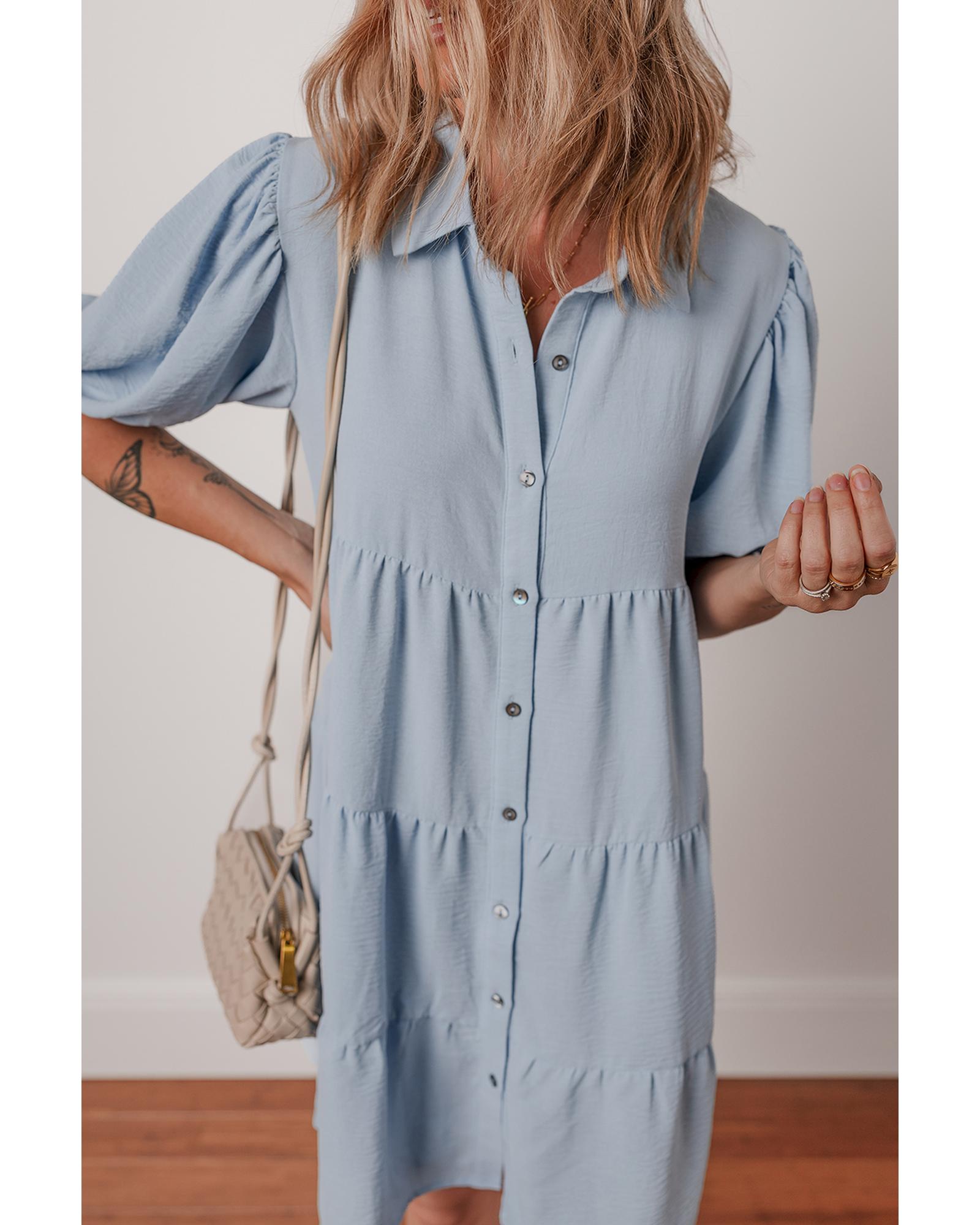 Beau Blue Shirt Collar Button Up Short Puff Sleeve Tiered Shift Dress - XL