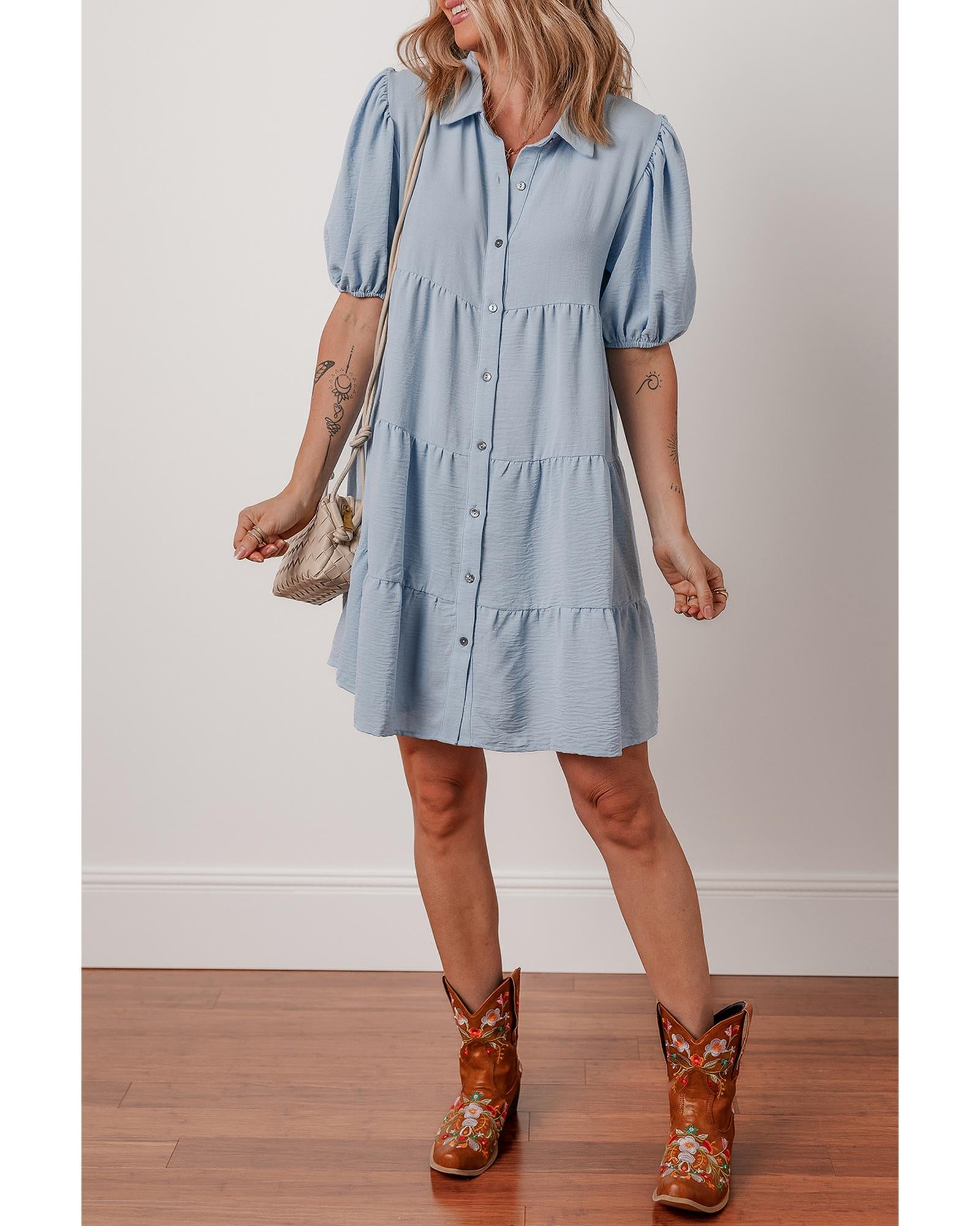 Beau Blue Shirt Collar Button Up Short Puff Sleeve Tiered Shift Dress - XL