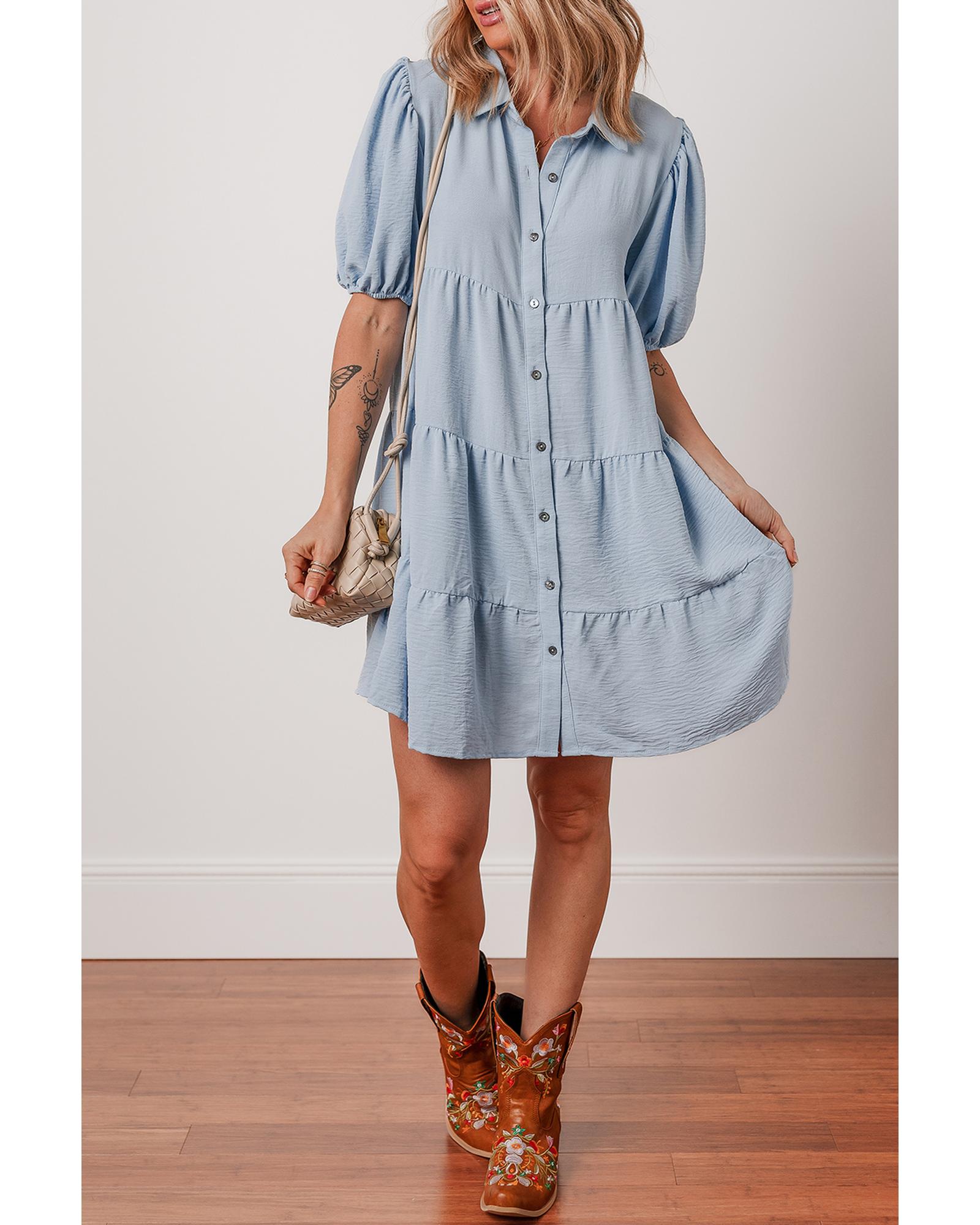 Beau Blue Shirt Collar Button Up Short Puff Sleeve Tiered Shift Dress - XL