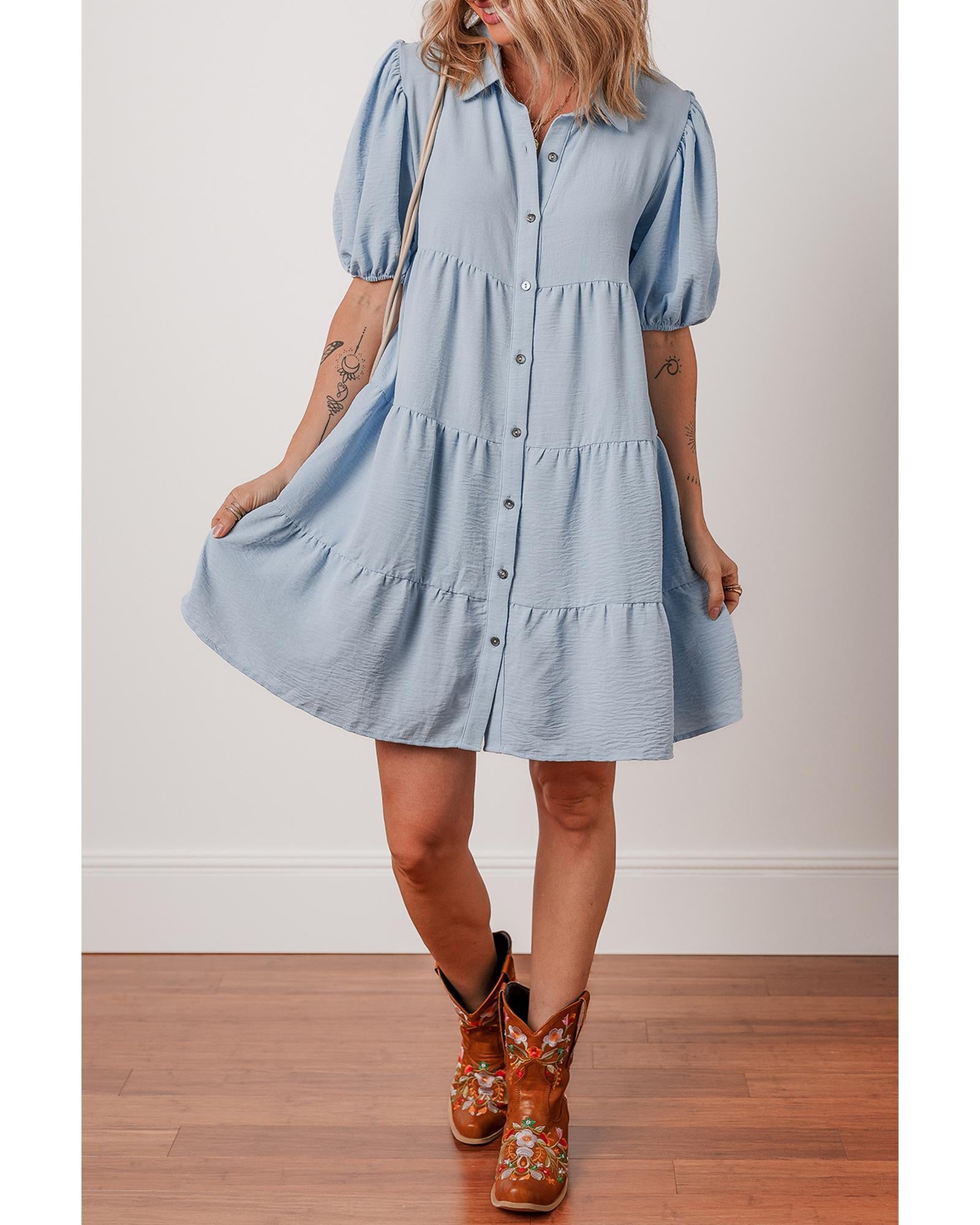 Beau Blue Shirt Collar Button Up Short Puff Sleeve Tiered Shift Dress - XL