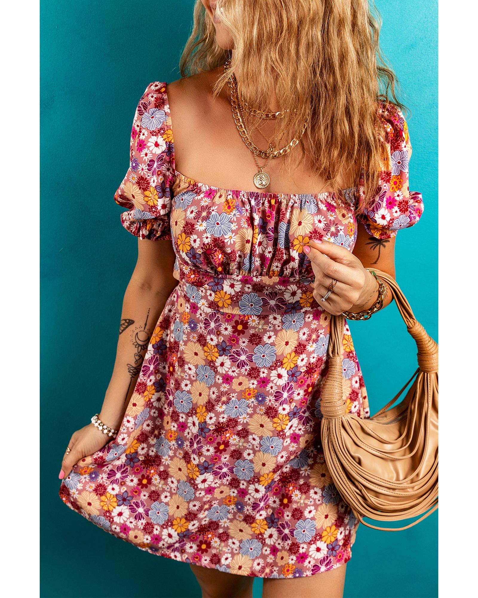 Red Floral Puff Sleeve Square Neck Knot Open Back Mini Dress - M