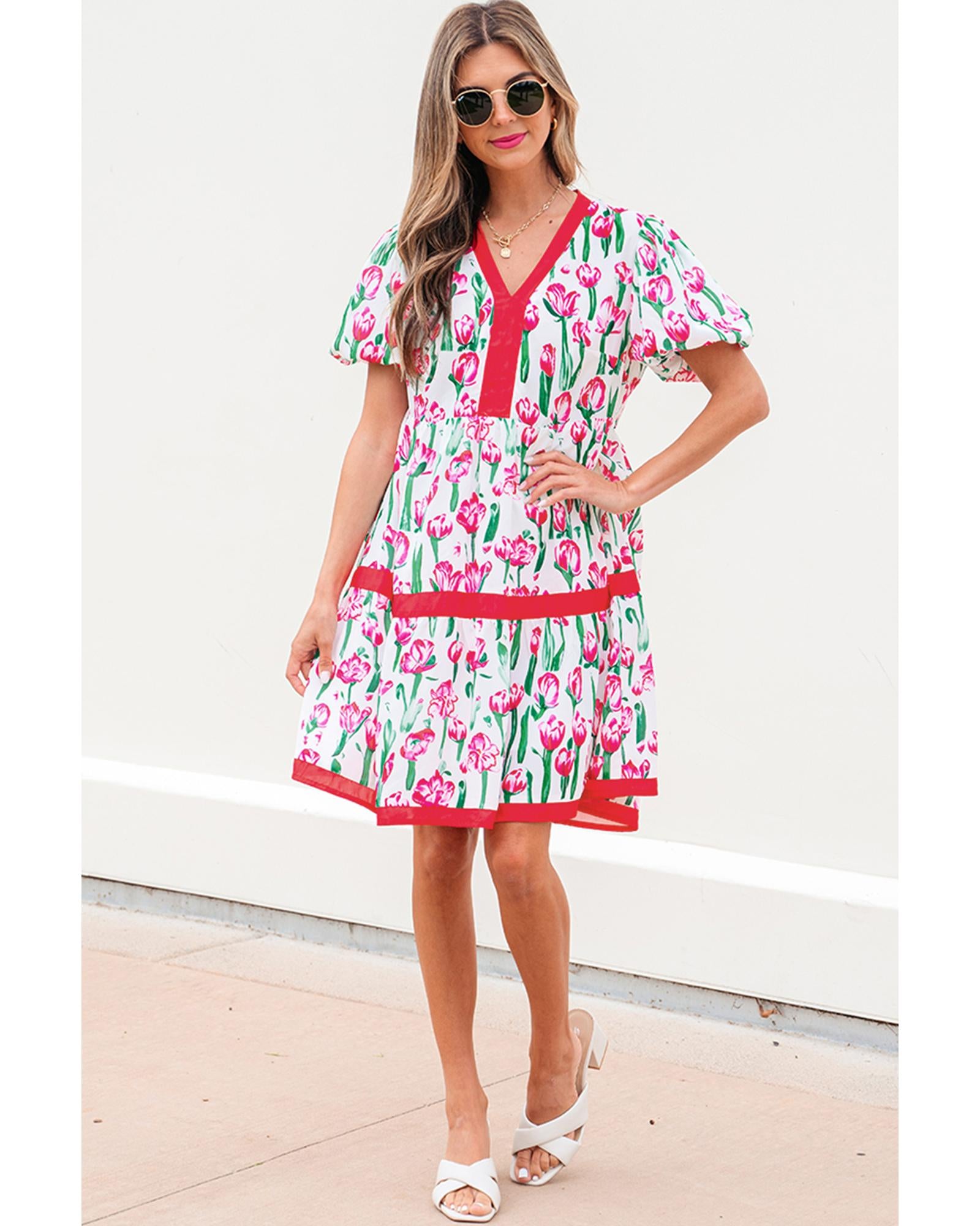 Pink Floral Print Contrast Trim V Neck Bubble Short Sleeve Babydoll Dress - L