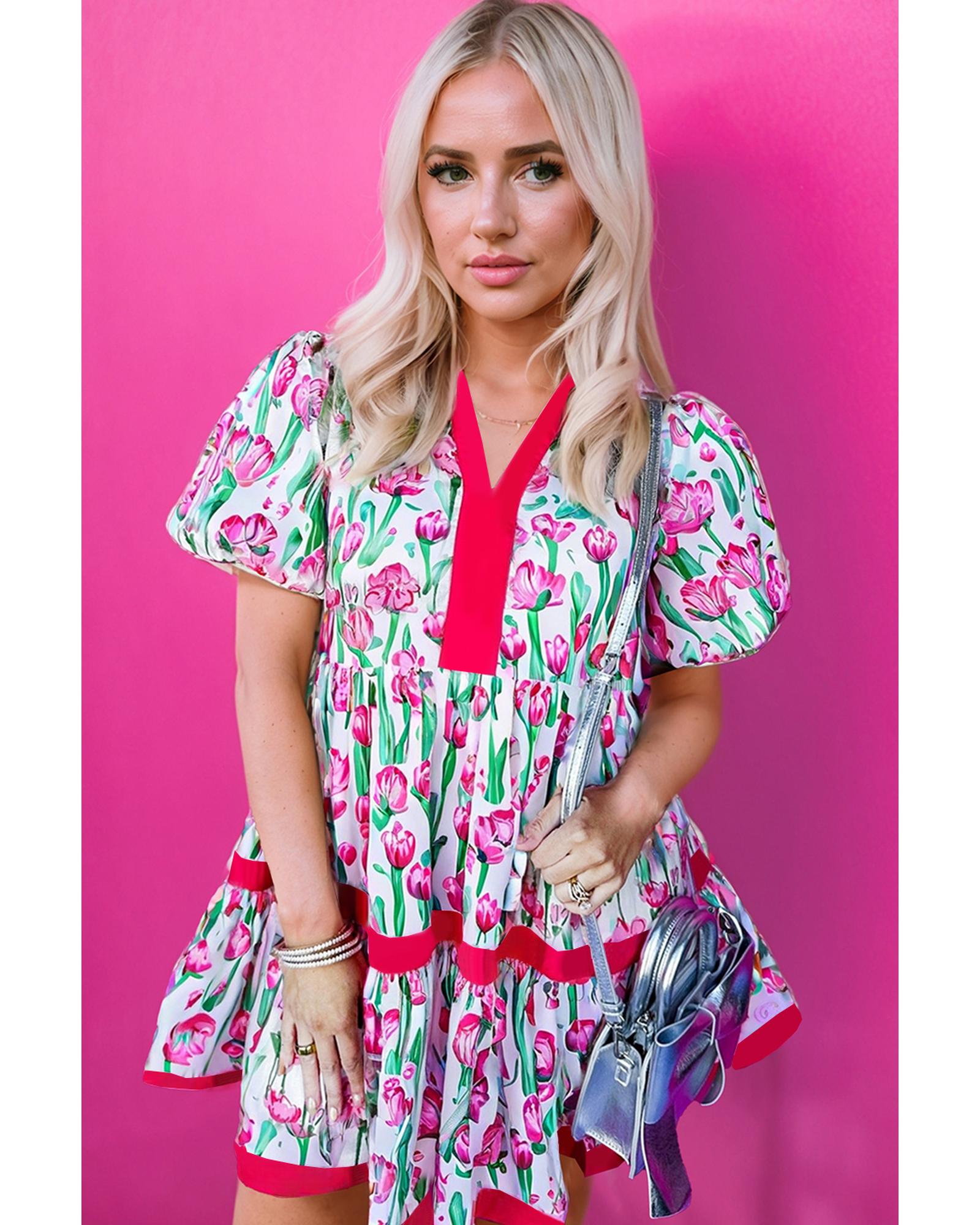 Pink Floral Print Contrast Trim V Neck Bubble Short Sleeve Babydoll Dress - L