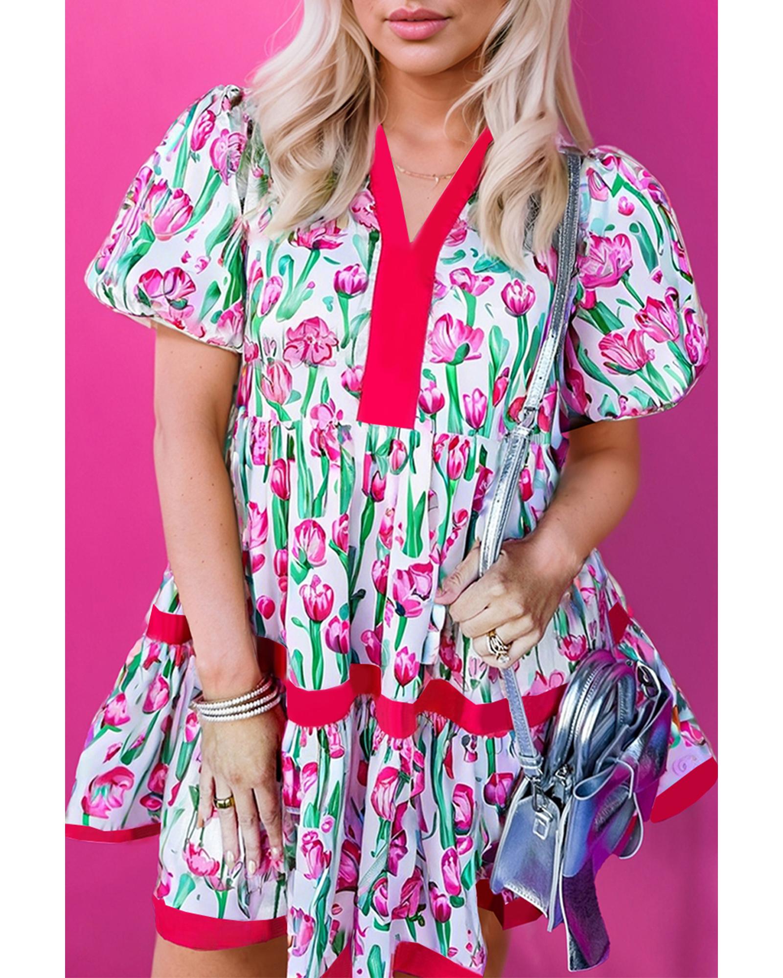 Pink Floral Print Contrast Trim V Neck Bubble Short Sleeve Babydoll Dress - M
