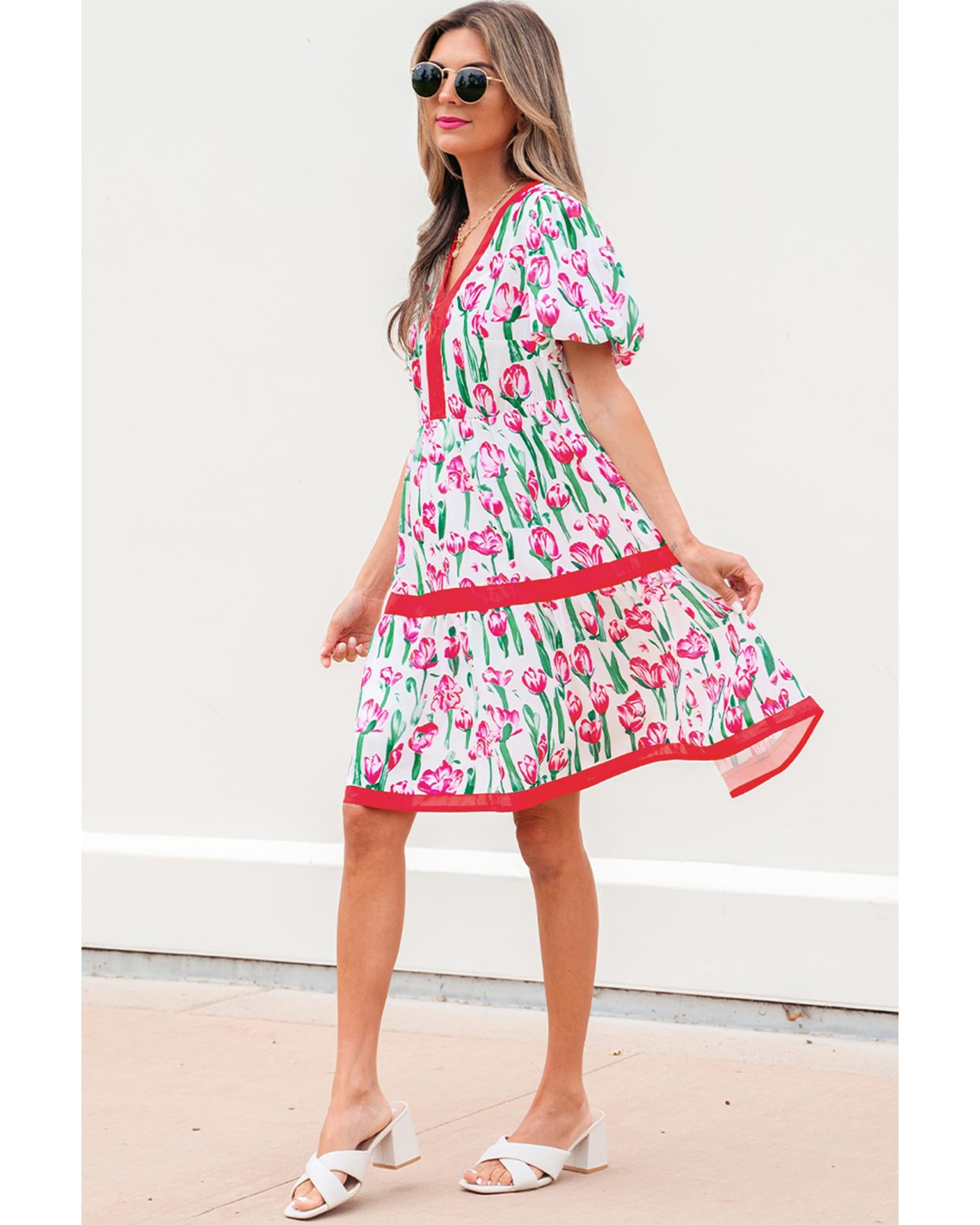 Pink Floral Print Contrast Trim V Neck Bubble Short Sleeve Babydoll Dress - XL