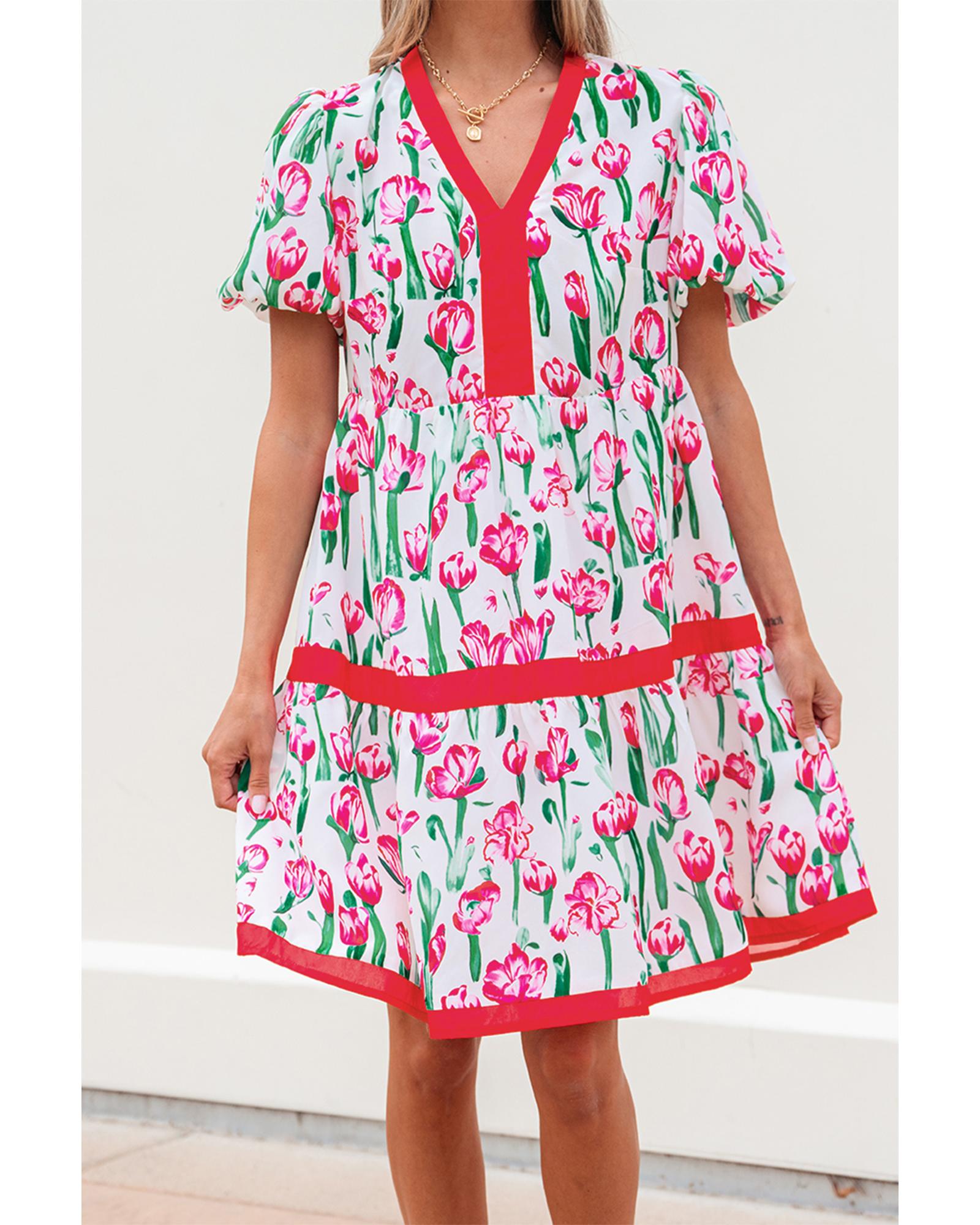 Pink Floral Print Contrast Trim V Neck Bubble Short Sleeve Babydoll Dress - XL