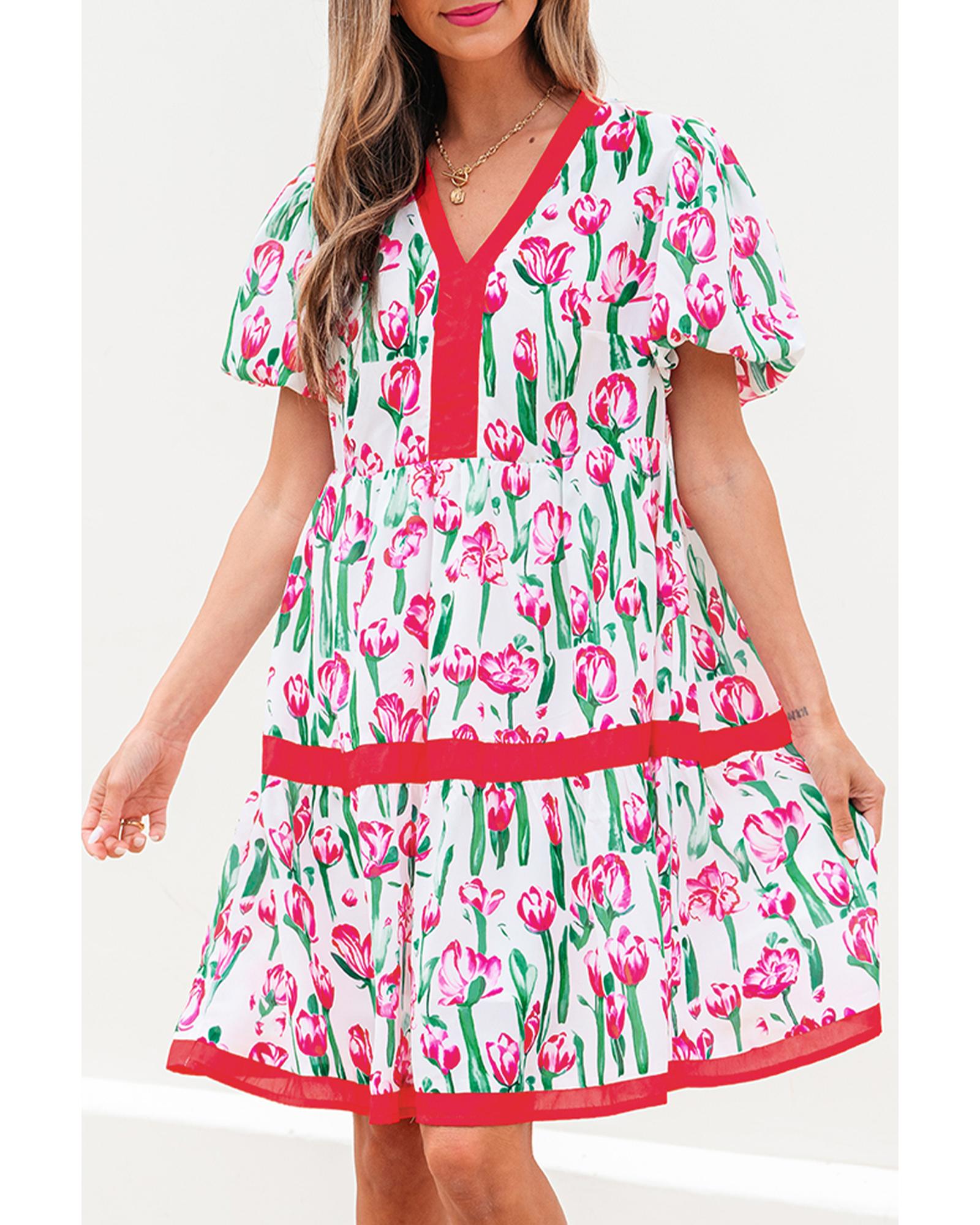 Pink Floral Print Contrast Trim V Neck Bubble Short Sleeve Babydoll Dress - XL
