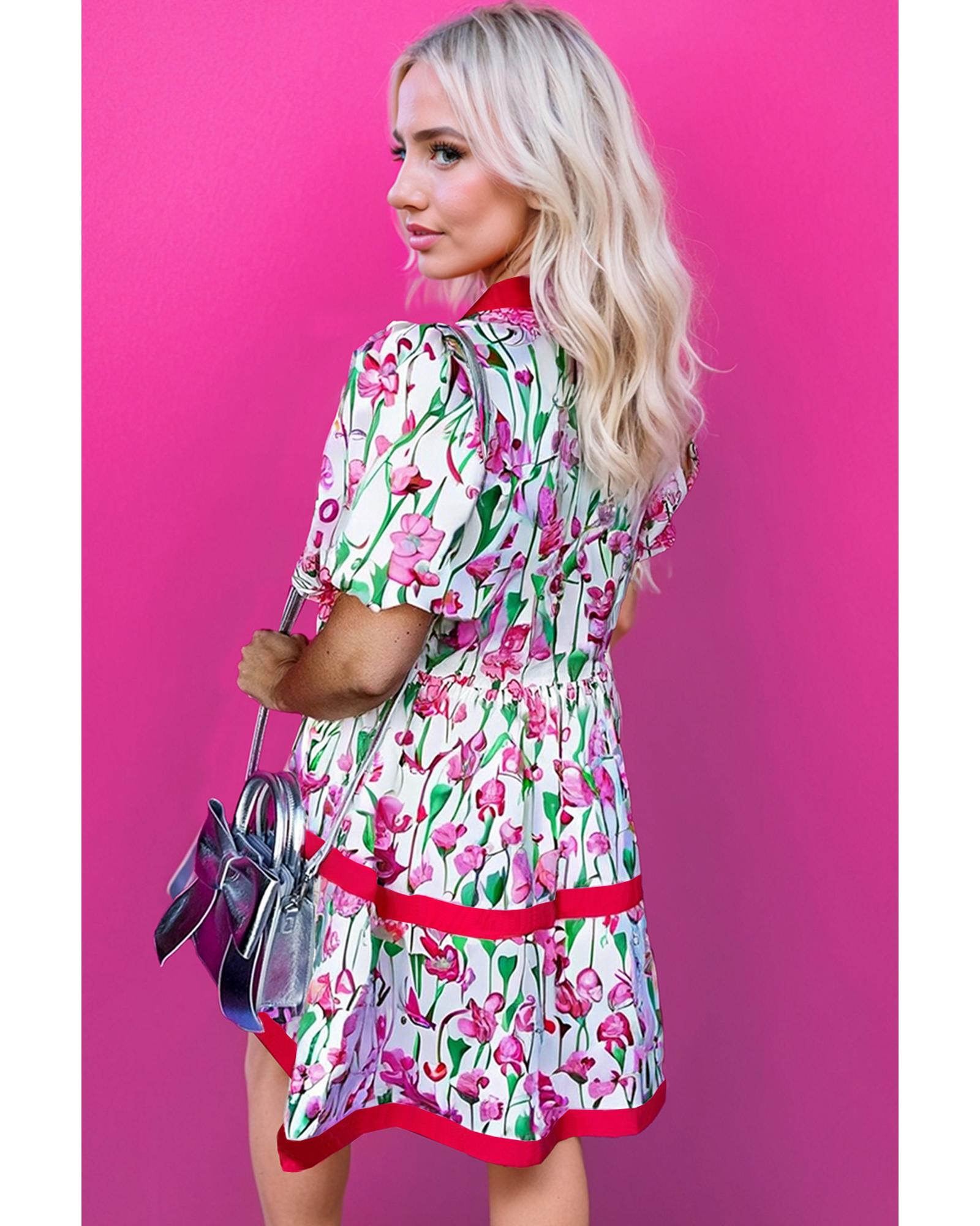 Pink Floral Print Contrast Trim V Neck Bubble Short Sleeve Babydoll Dress - XL