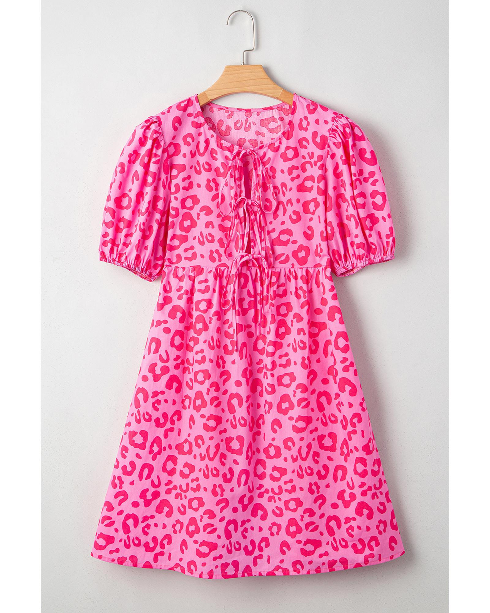 Rose Leopard Puff Sleeve Tie Front High Waist Mini Dress - M