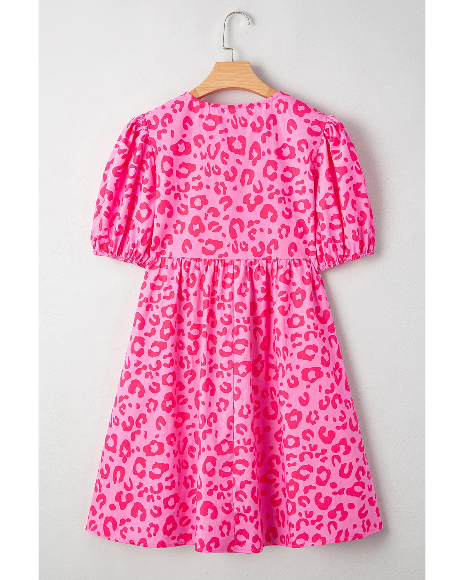 Rose Leopard Puff Sleeve Tie Front High Waist Mini Dress - M