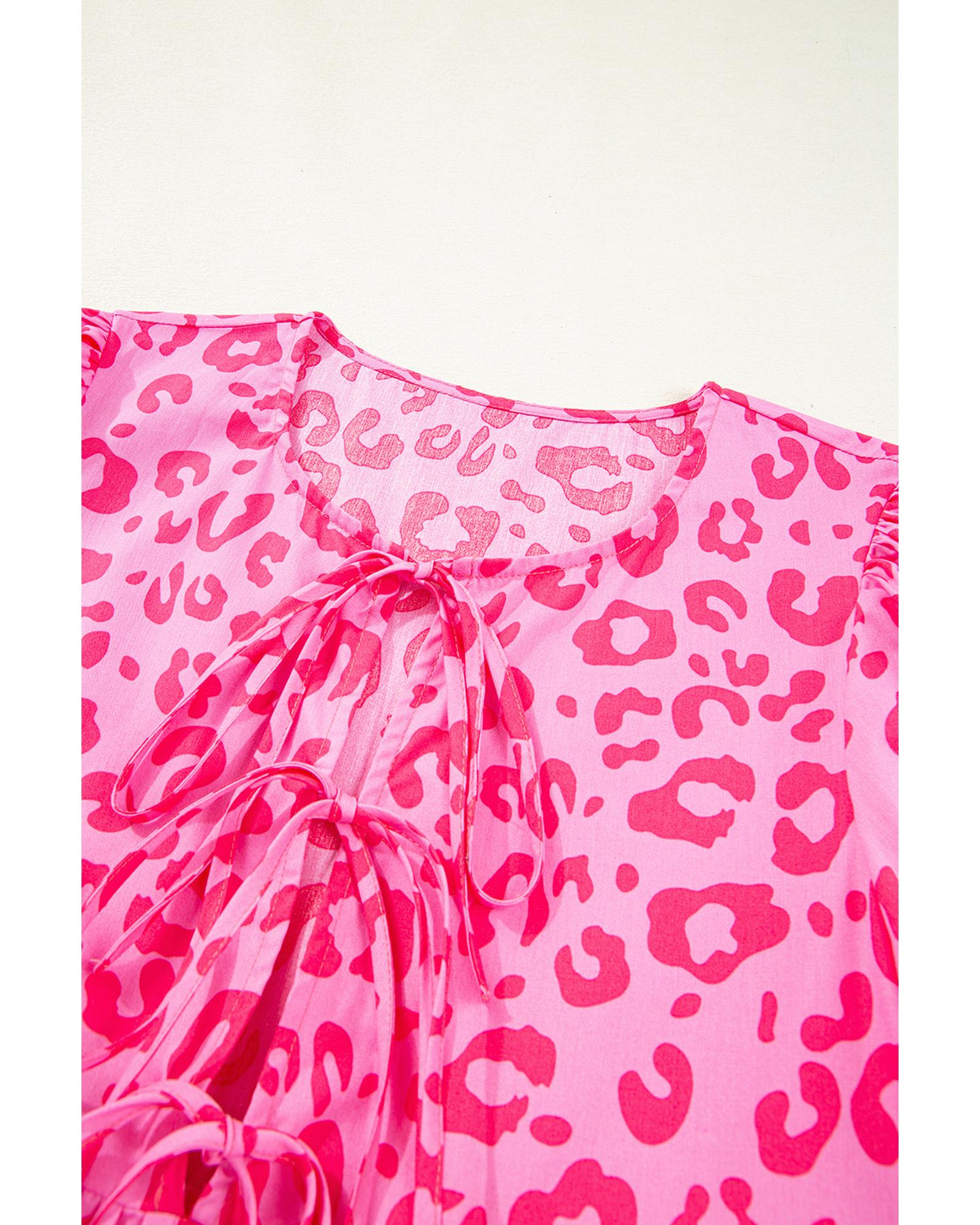 Rose Leopard Puff Sleeve Tie Front High Waist Mini Dress - M